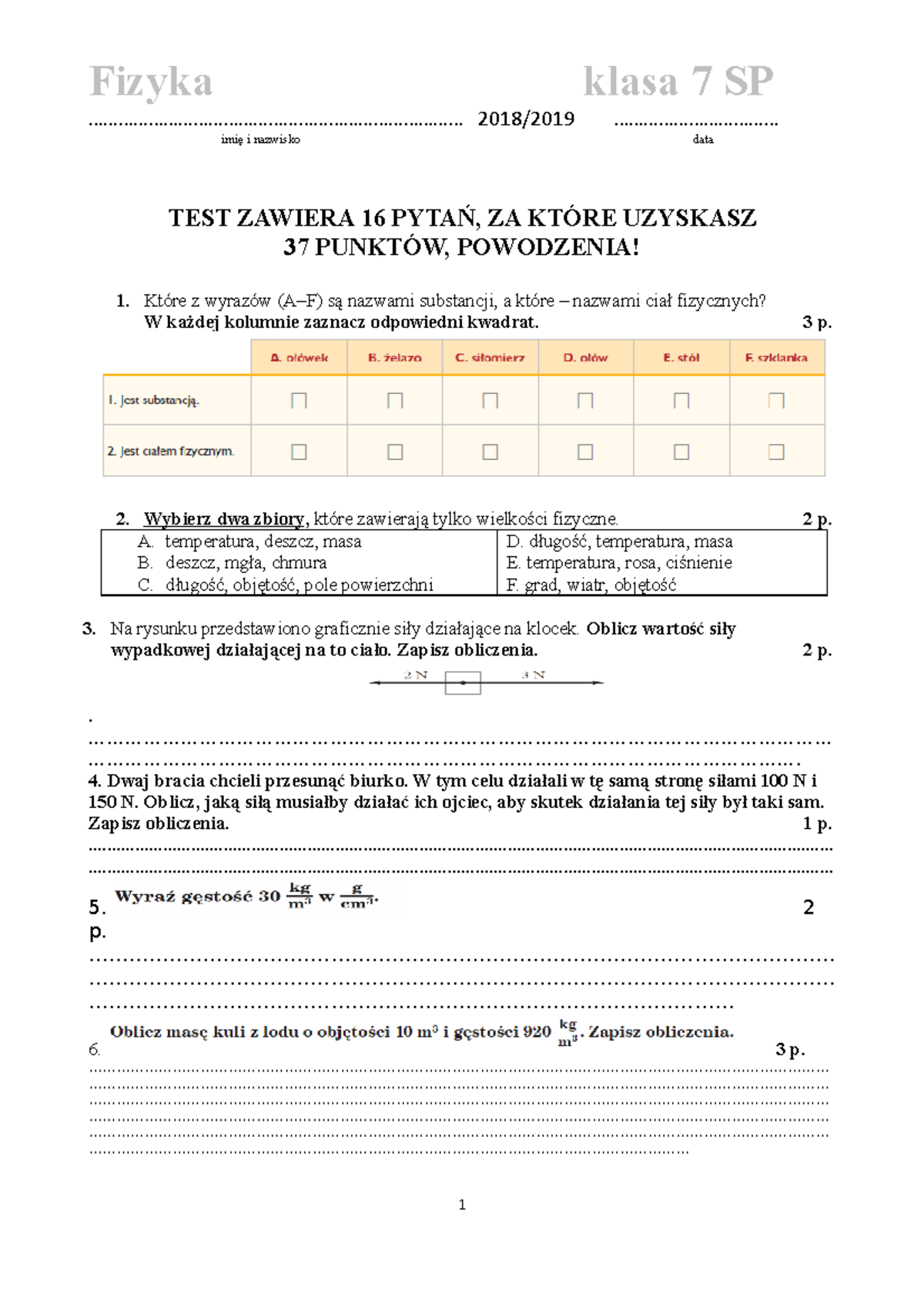 Sprawdzian Z Działu Zaczynamy Uczyć Się Fizyki www.studocu.com