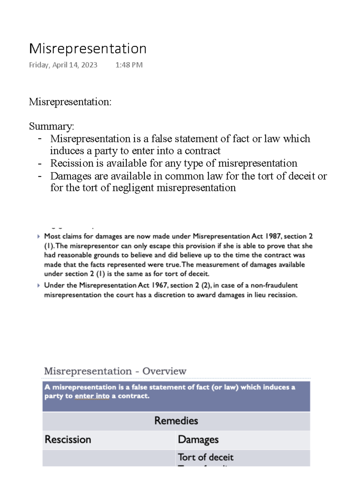 Misrepresentation - Lecture Notes With The Slides From The Lecture ...