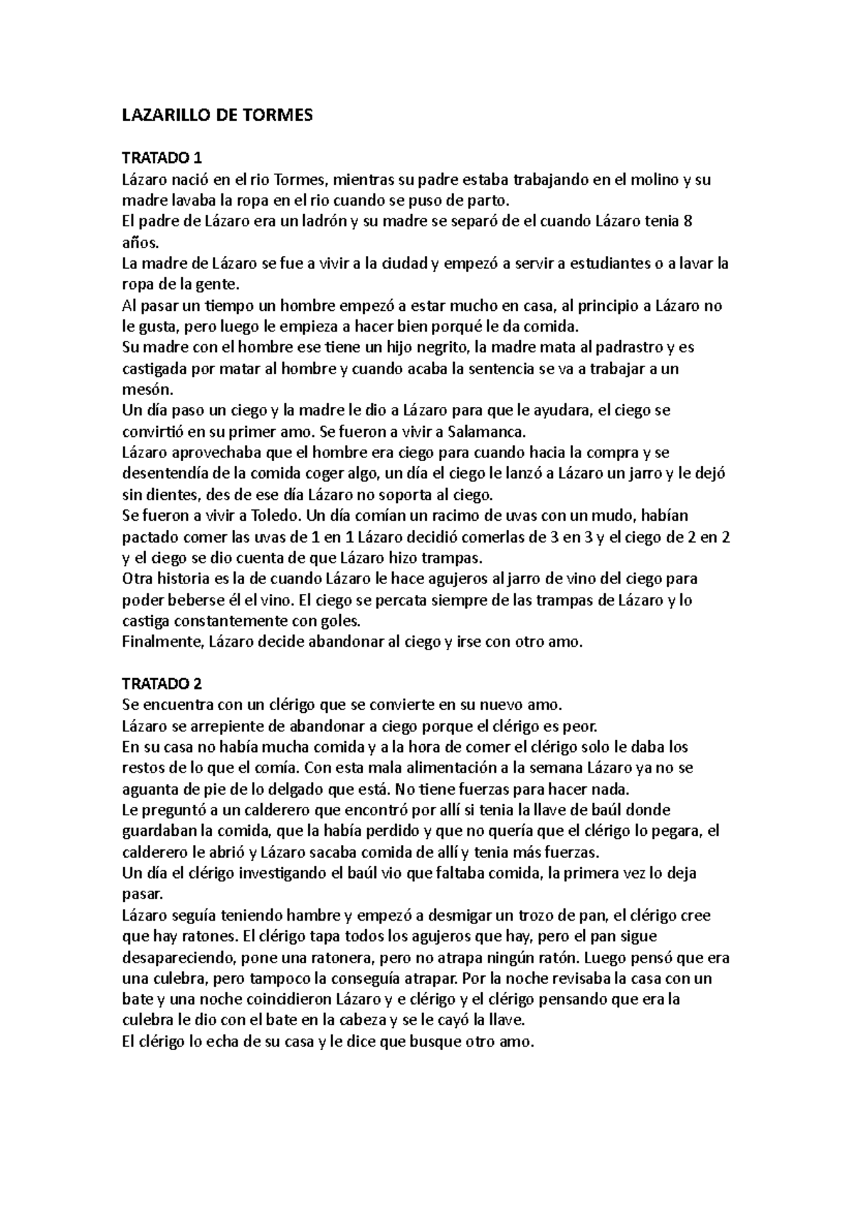 resumen del Lazarillo DE Tormes - LAZARILLO DE TORMES TRATADO 1 Lázaro