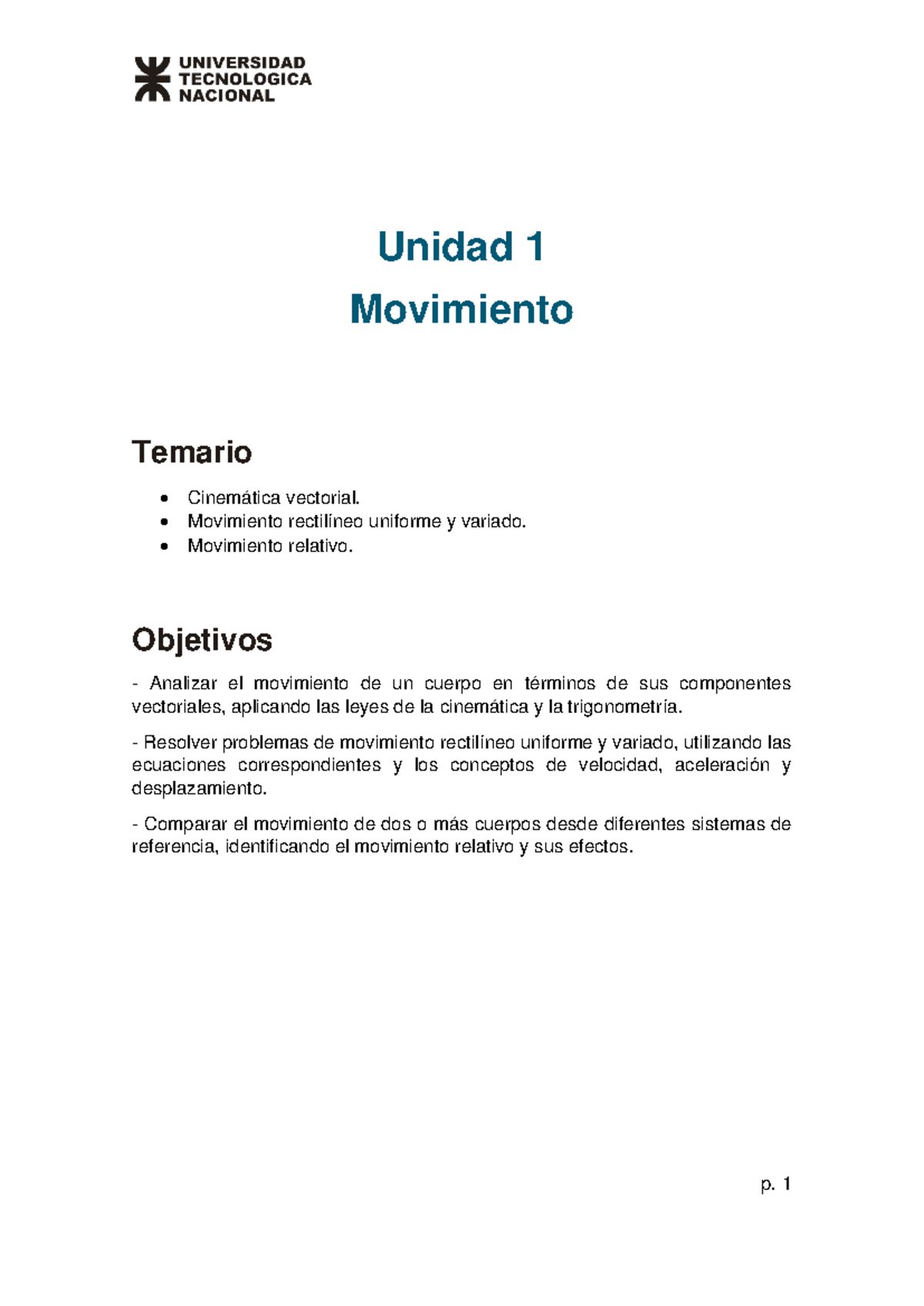 Unidad 1 Física - Unidad 1 Movimiento Temario • Cinemática vectorial ...
