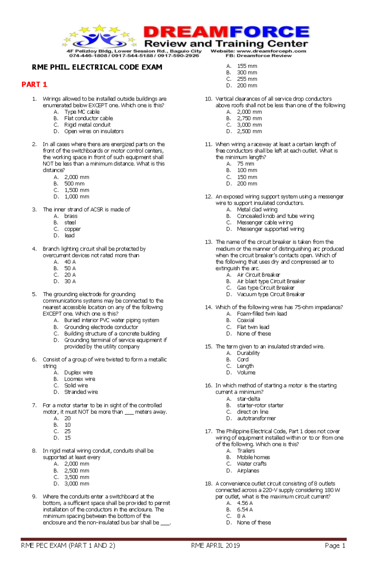 Rme Pec Exam Questions Reviewer RME PHIL. ELECTRICAL CODE EXAM PART