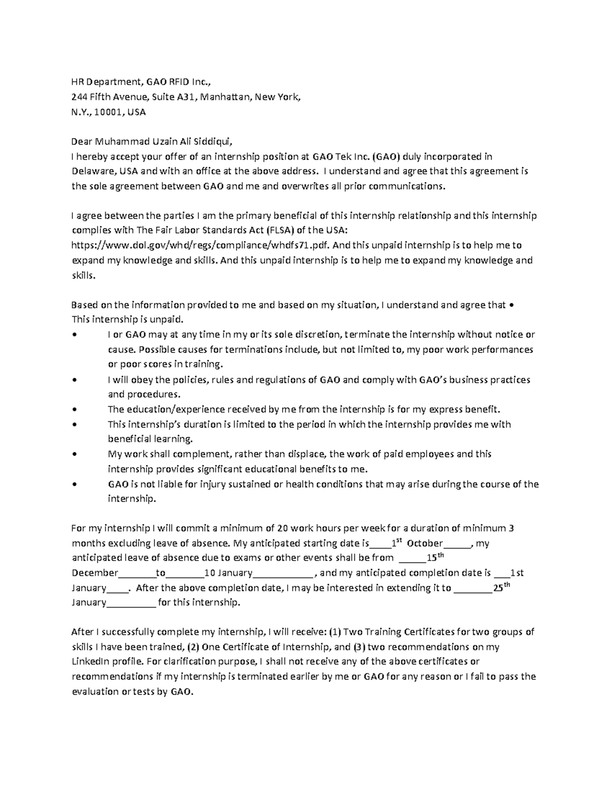 Internship Agreement of GAO TEC - HR Department, GAO RFID Inc., 244 ...