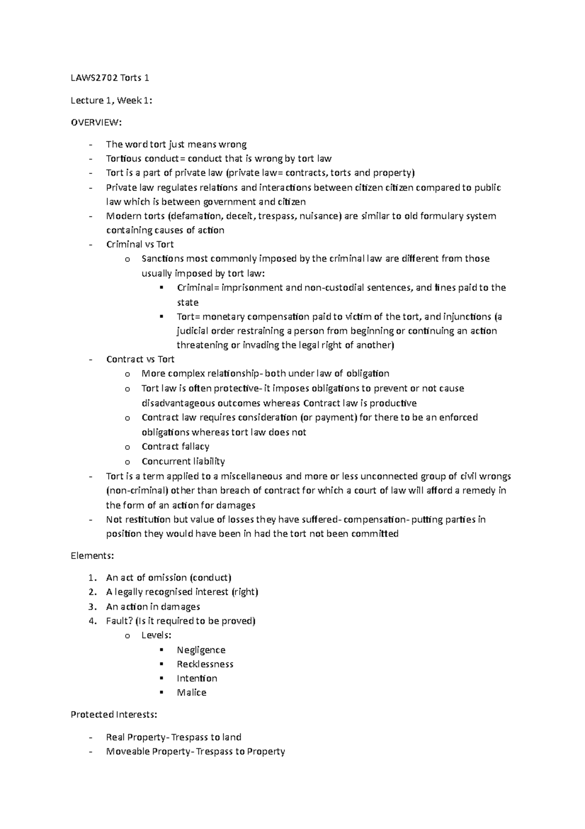 LAWS2702 Torts I - Notes - LAWS2702 Torts 1 Lecture 1, Week 1: OVERVIEW ...