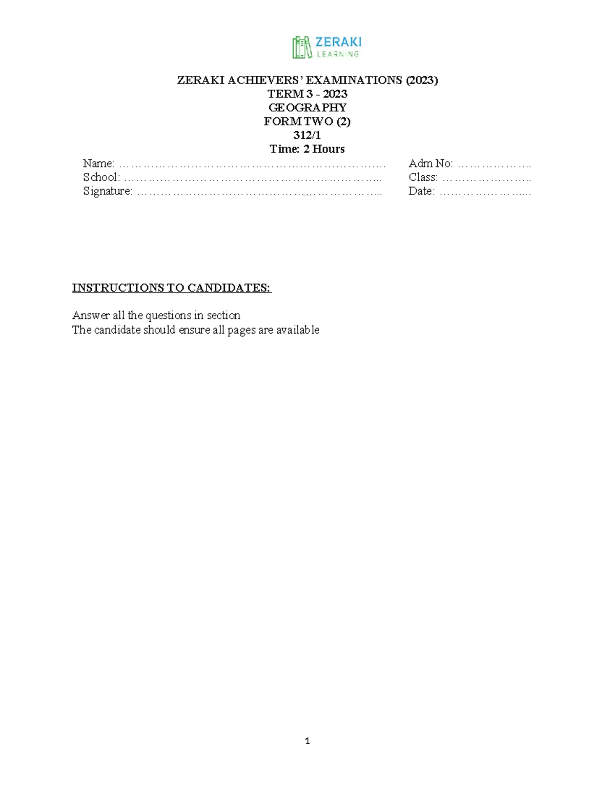 Geography Form 2 - Question paper - GEOGRAPHY DEPARTMENT ZERAKI ...