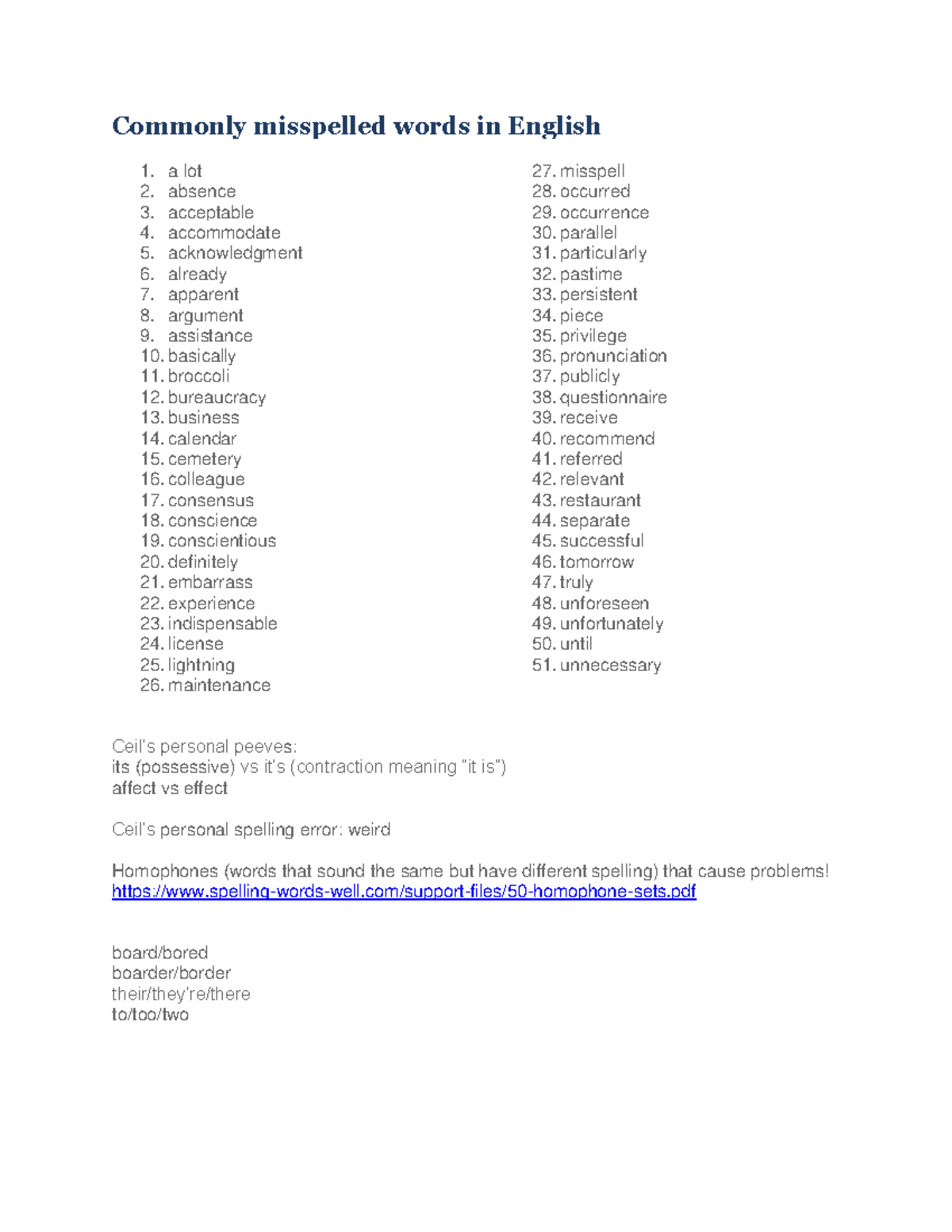 Commonly misspelled words in English - pdf board/bored boarder With Regard To Commonly Misspelled Words Worksheet