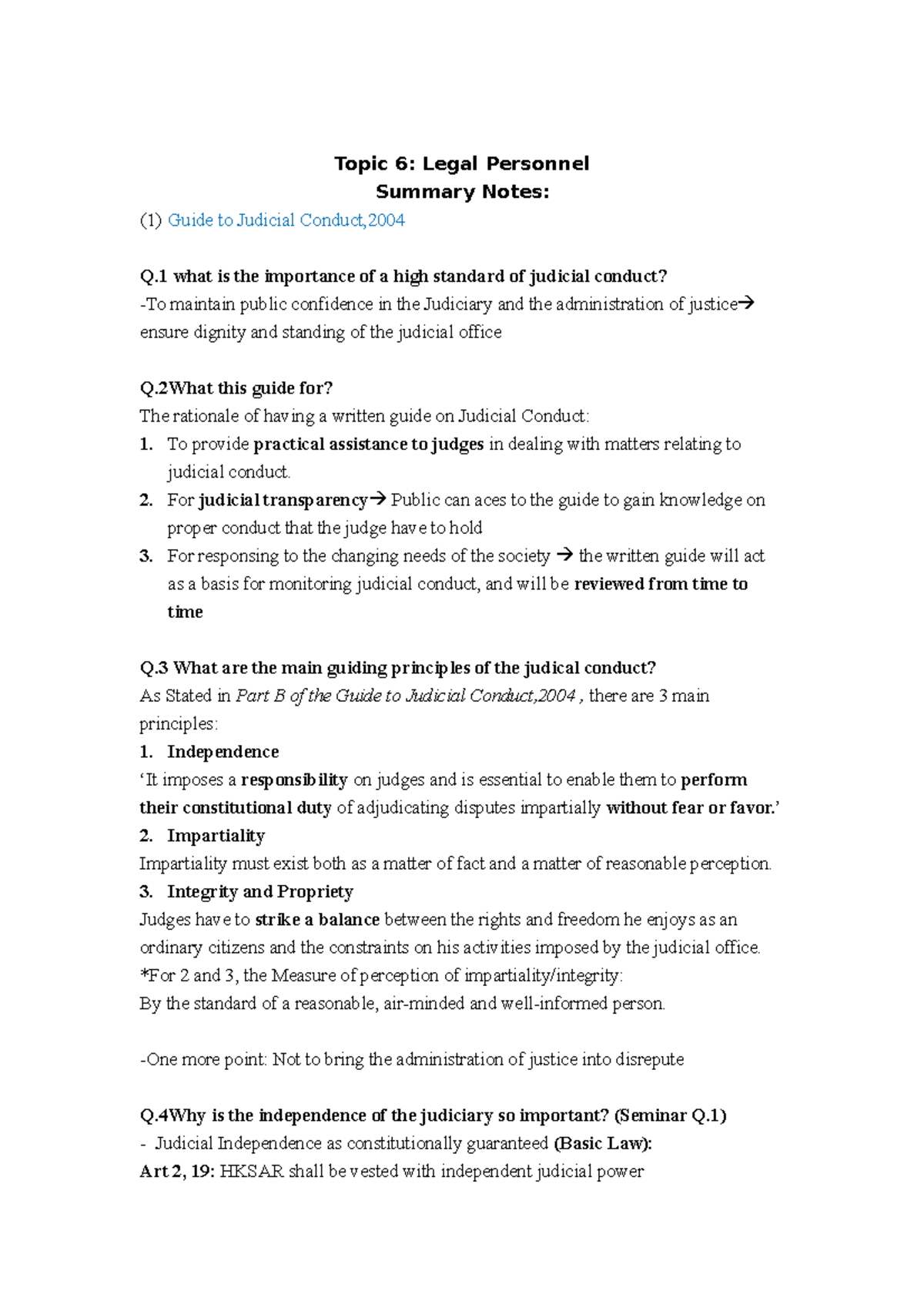 Topic 6 Legal personnel Topic 6 Legal Personnel Summary Notes (1