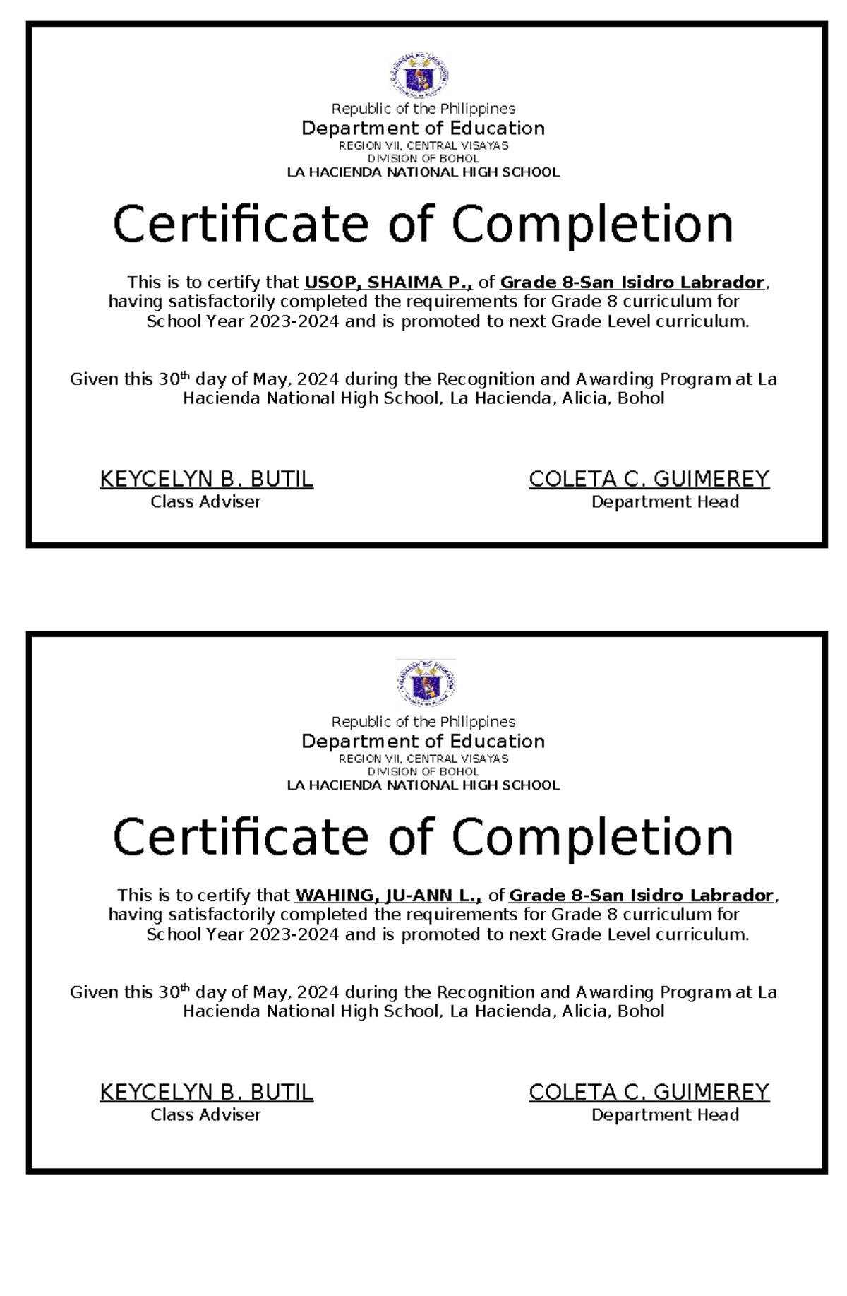 Completion - sample format - Republic of the Philippines Department of ...