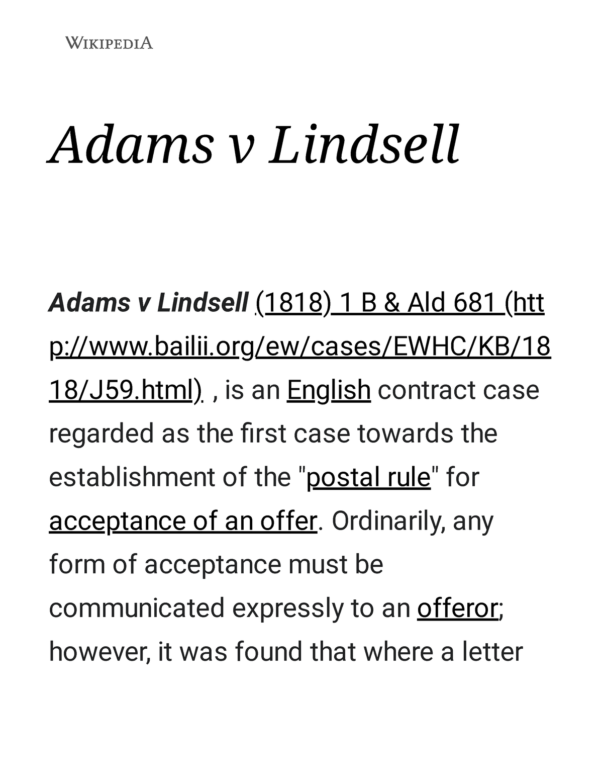 Adams V Lindsell - Wikipedia - Adams V Lindsell Adams V Lindsell (1818 ...