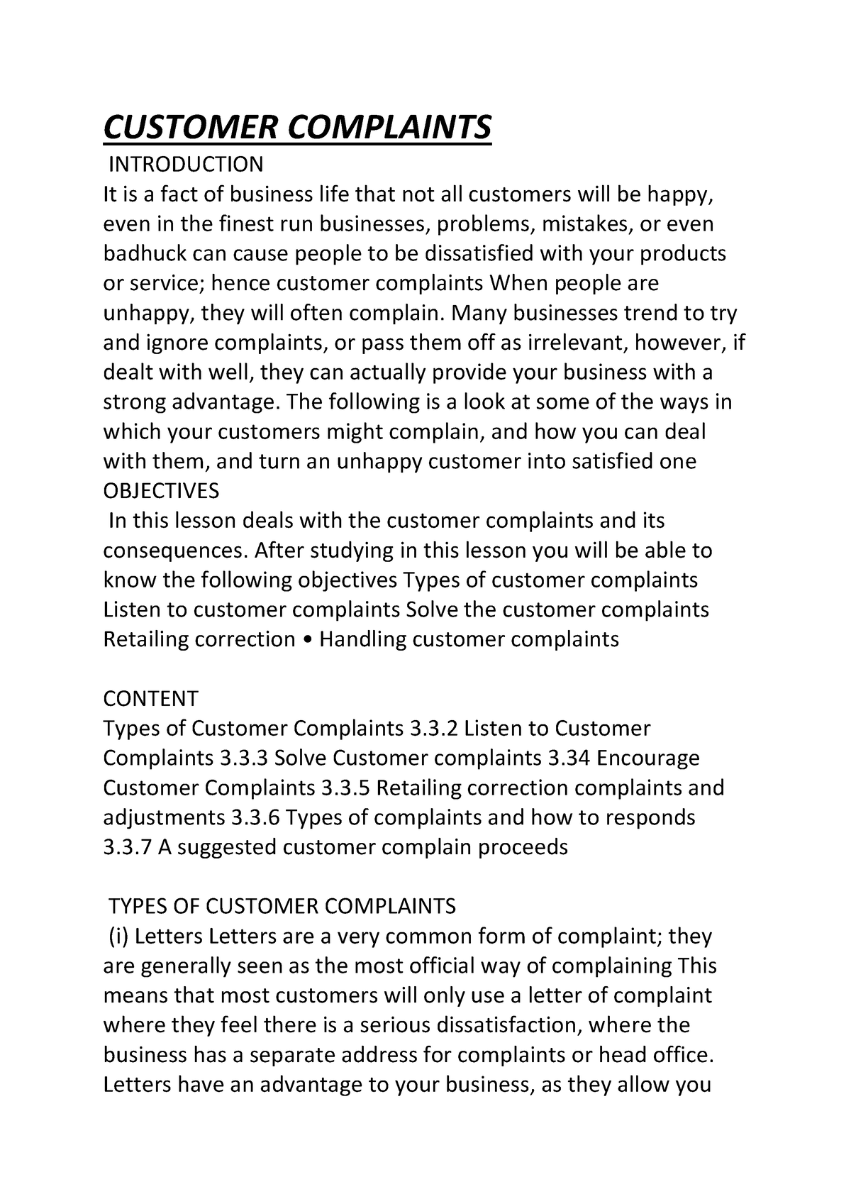 customer complaints essay