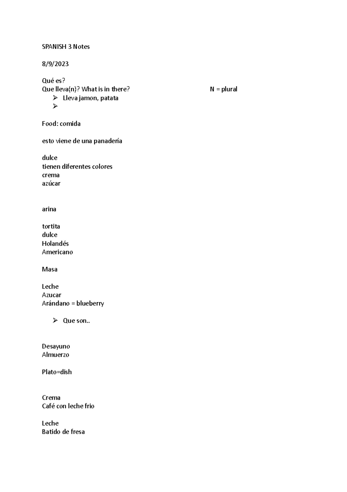 Spanish 3 2023 notes SPANISH 3 Notes 8/9/ Qué es? Que lleva(n