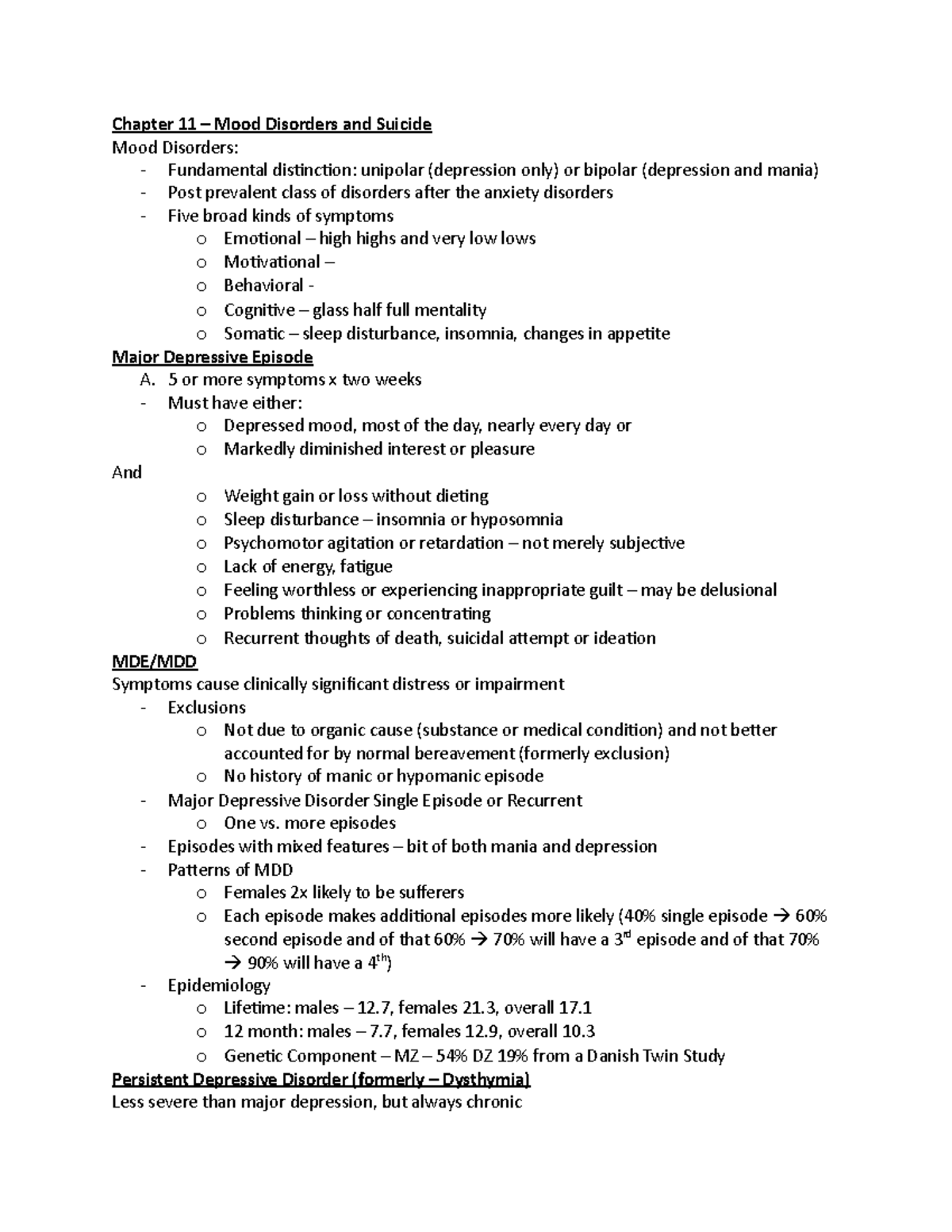 Chapter 11 - Dr. Leitzel - Chapter 11 – Mood Disorders and Suicide Mood ...