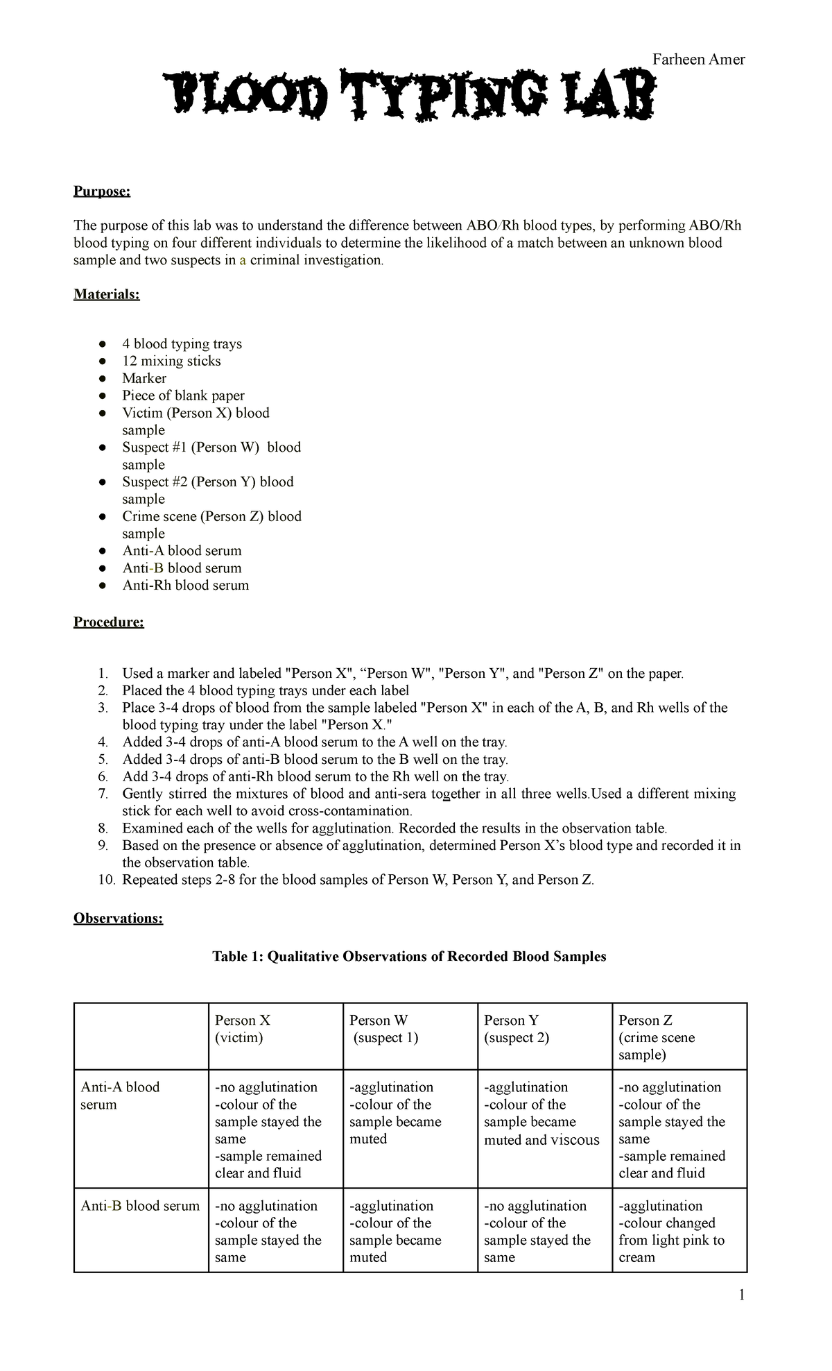 Farheen Blood typing lab Farheen Amer Blood typing lab Purpose The purpose of this lab was