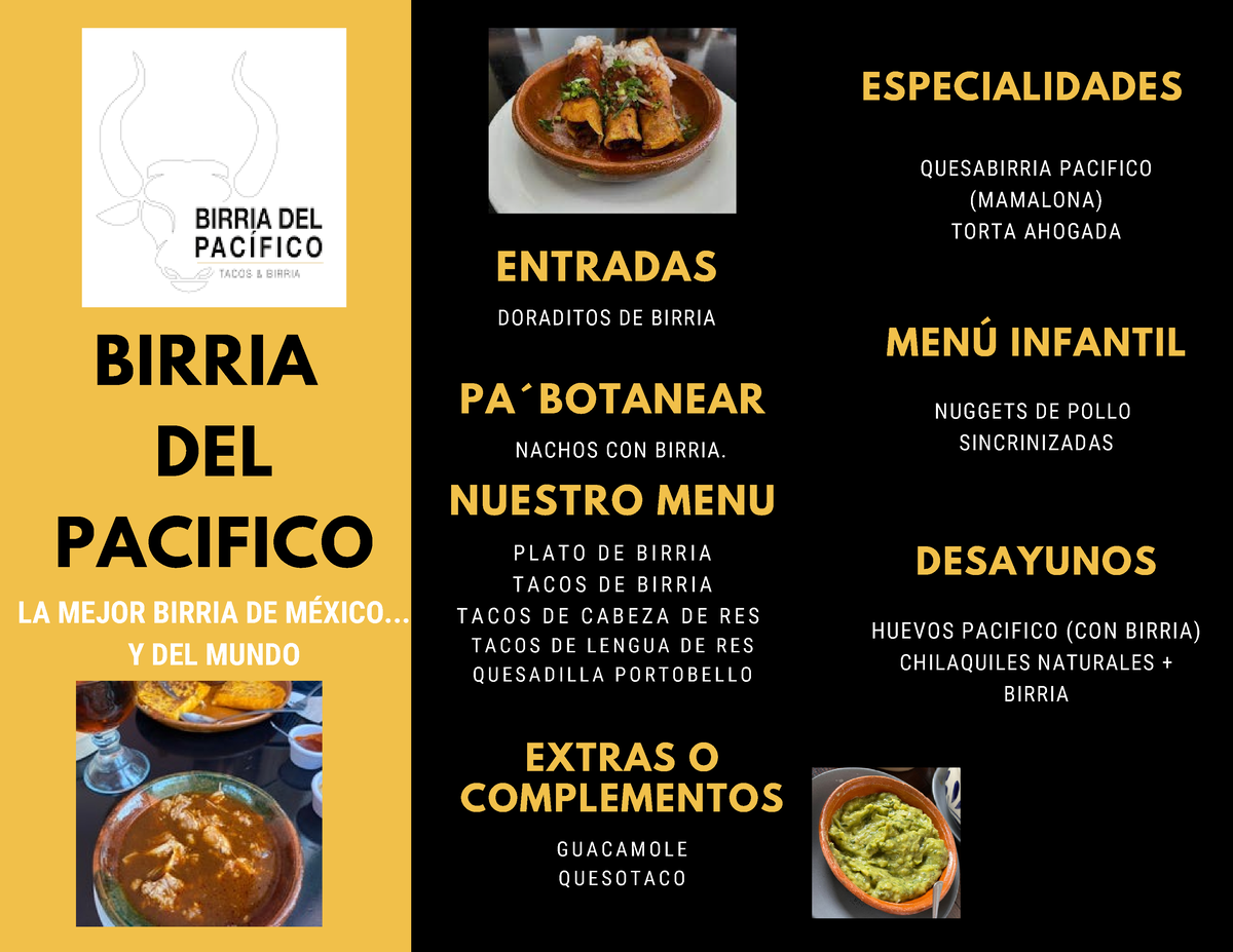 Menú birria del pacifico - NUESTRO MENU ####### P L A T O D E B I R R I A  ####### T A C O S D E B I - Studocu