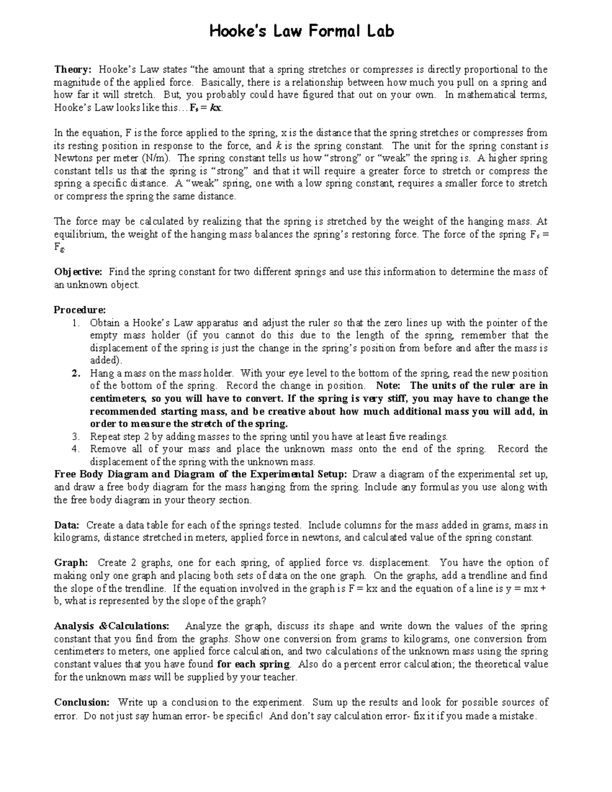 Hookes Law 2015 Lab Physics 2 - Hooke’s Law Formal Lab Theory: Hooke’s ...