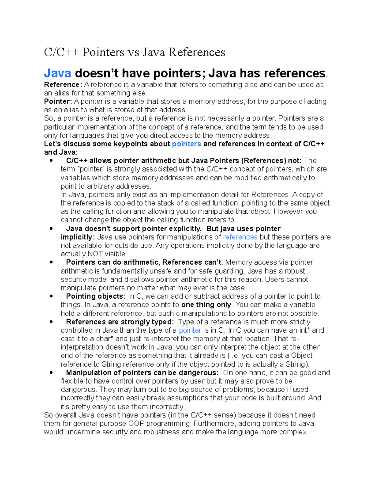 Pointer vs references - docx - C/C++ Pointers vs Java References Java ...