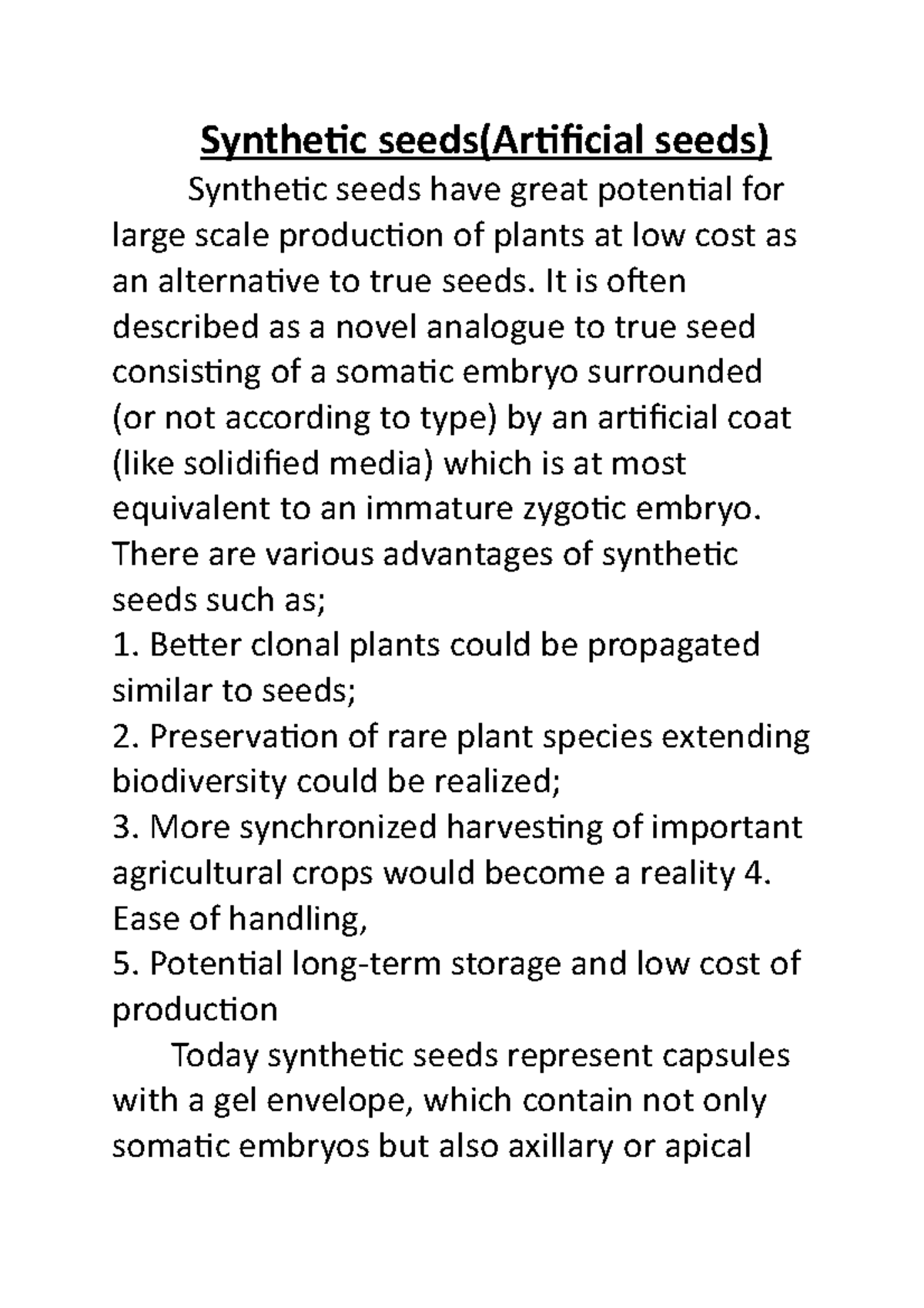 Synthetic seeds - Important topic for essay qstions please study well ...
