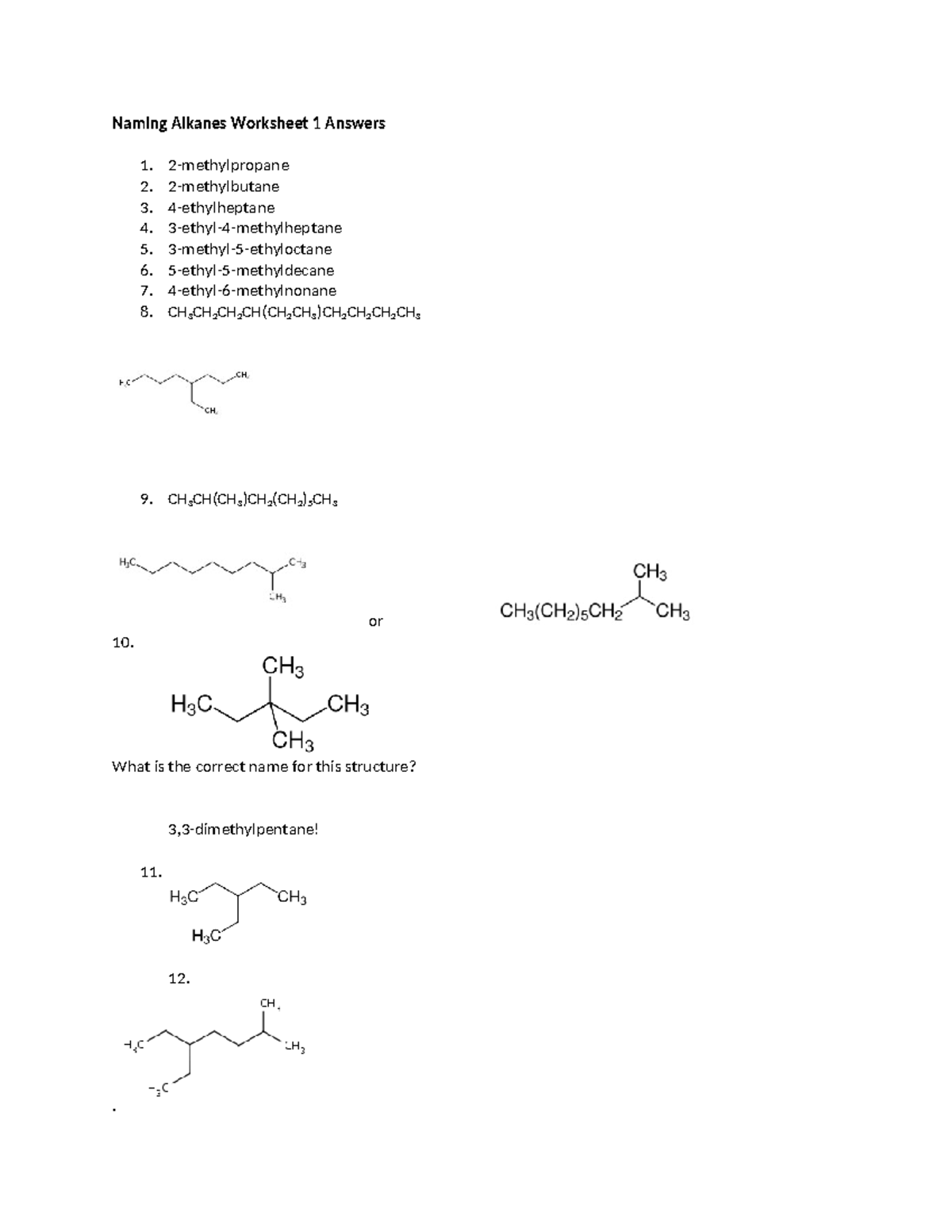 Naming Alkanes Worksheet 1 Answers 1 Chem 10052 W18 Jc Naming Alkanes Worksheet 1 Answers 1 2674