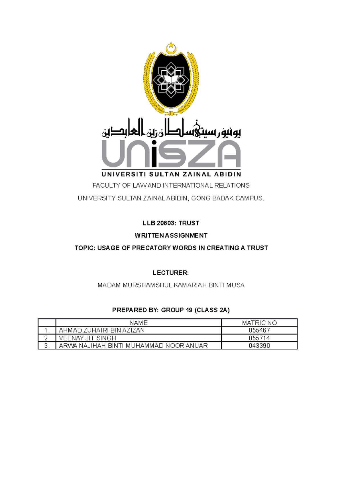 Usage OF Precatory Words IN Creating A Trust FACULTY OF LAW AND