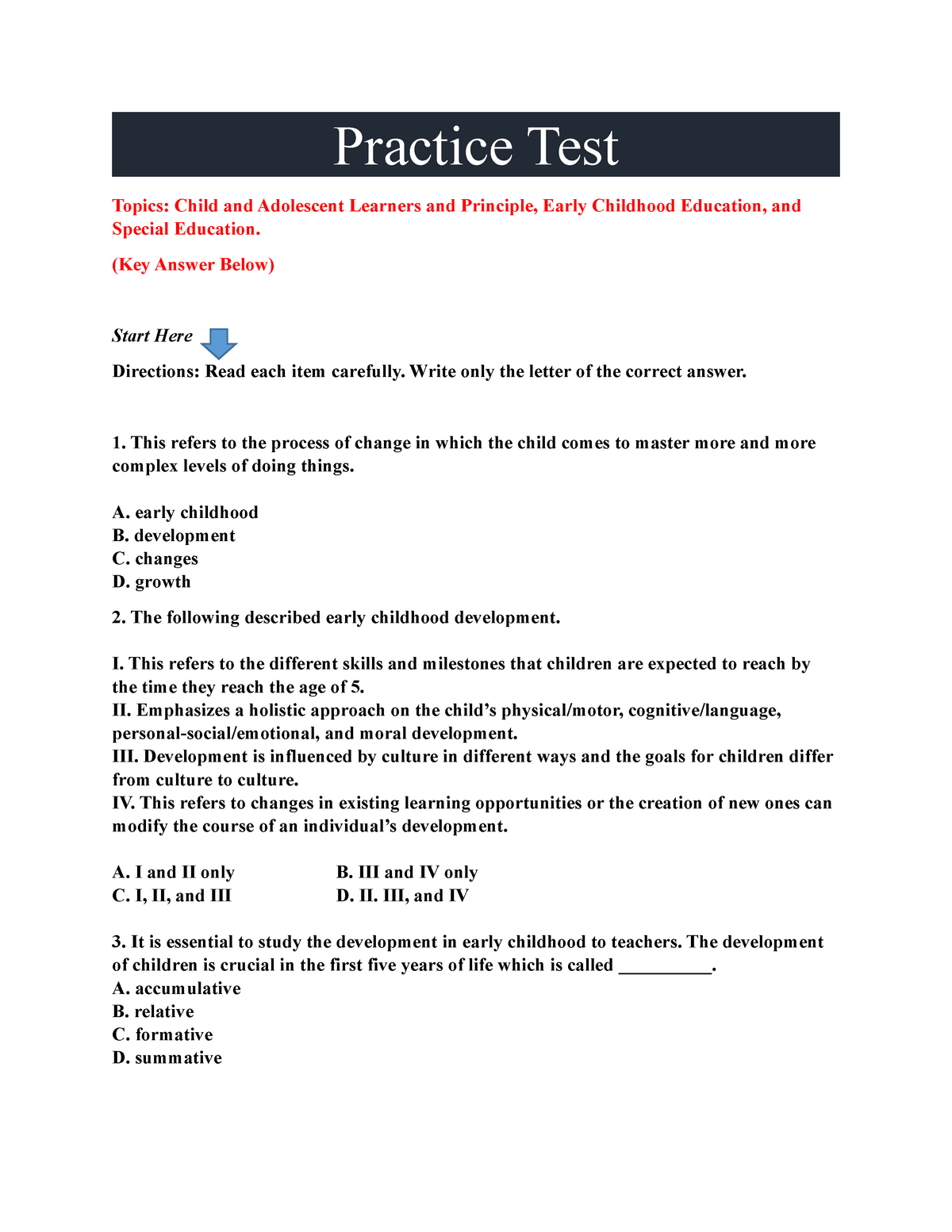 235-item Practice test on Education - Practice Test Topics: Child and ...