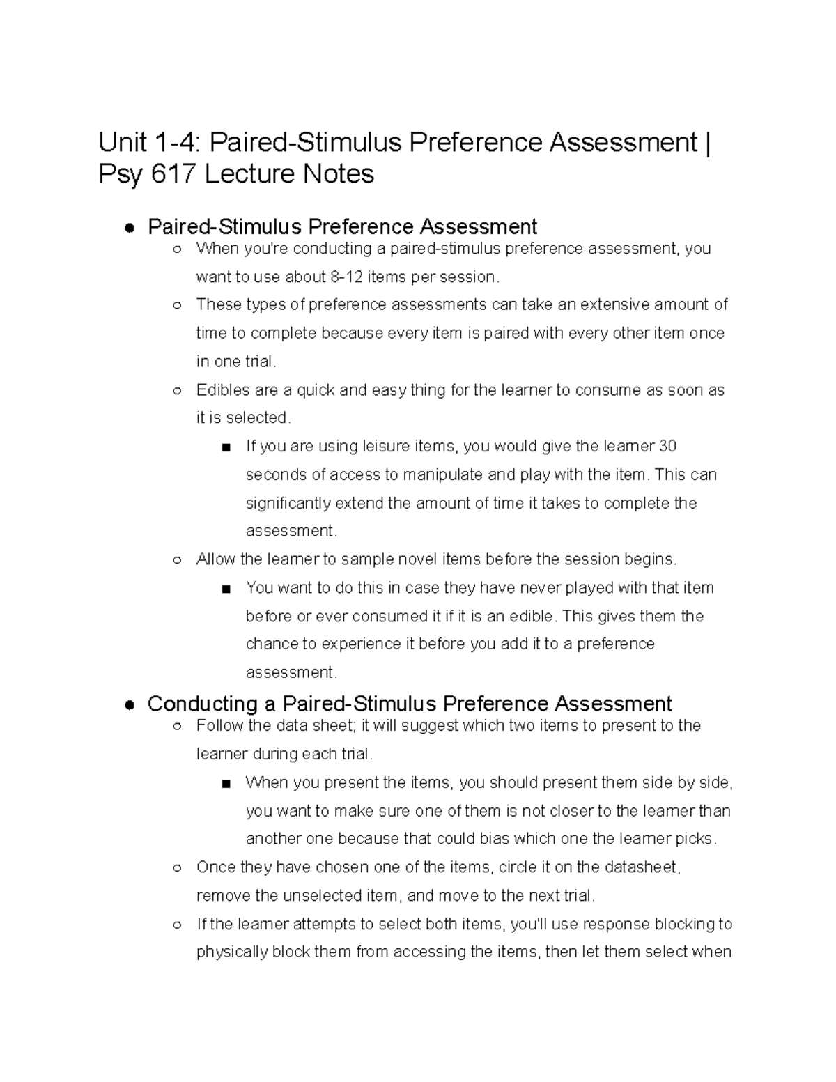 Unit 1-4 Paired-Stimulus Preference Assessment Psy 617 Lecture Notes ...