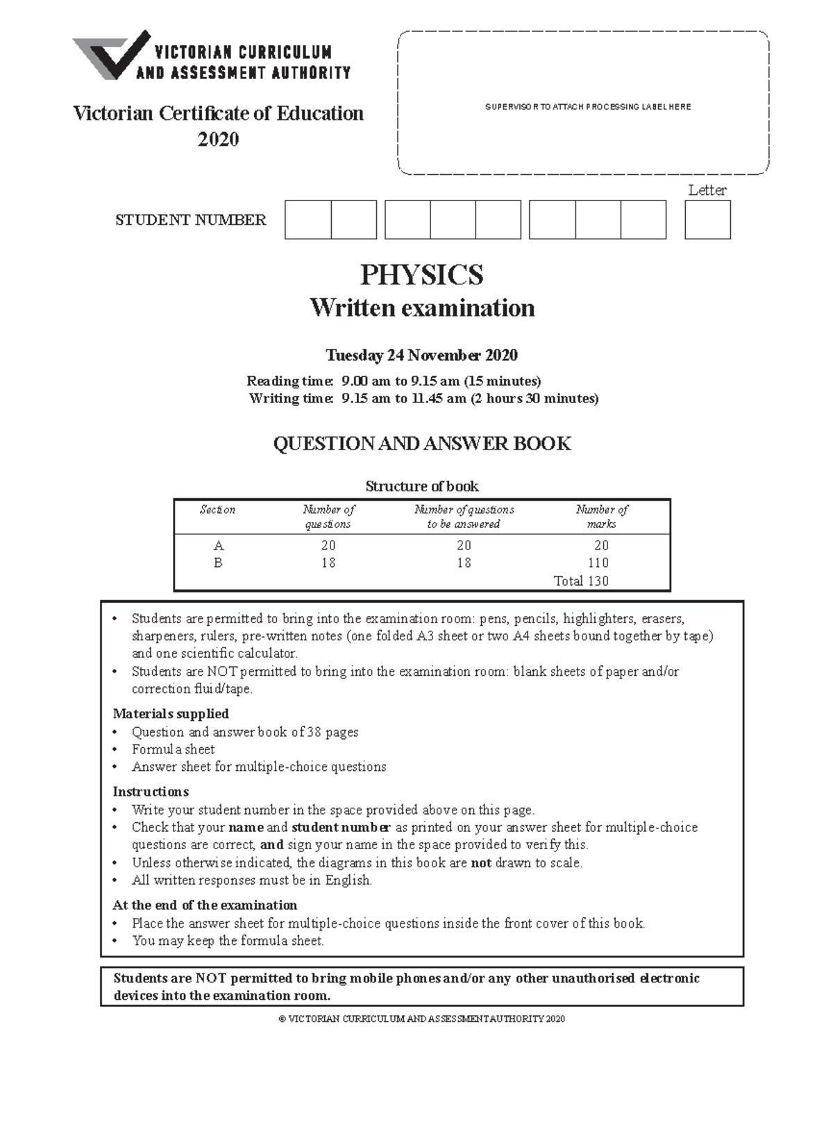 2020 Physics Exam - PHYSICS Written examination Tuesday 24 November ...