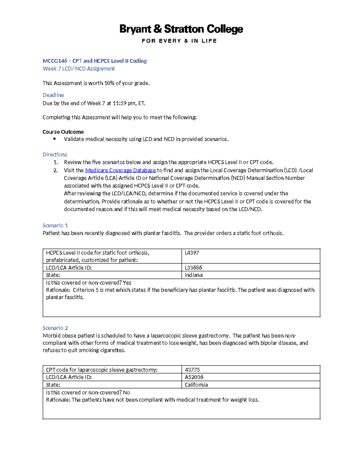 MCCG146 - Week 7 LCD NCD Assignment - MCCG146 – CPT and HCPCS Level II ...