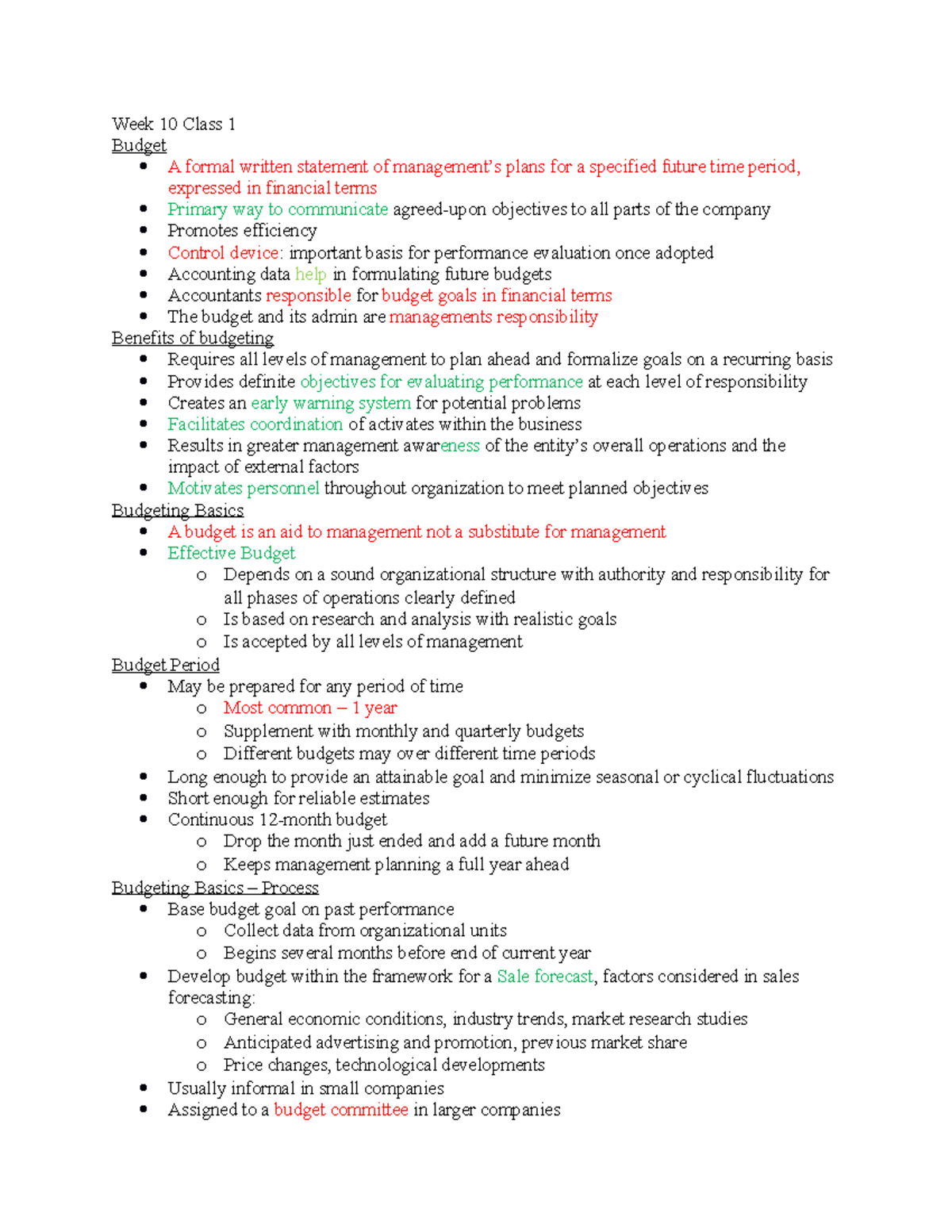 Week 10 - Week 10 notes - Week 10 Class 1 Budget A formal written ...