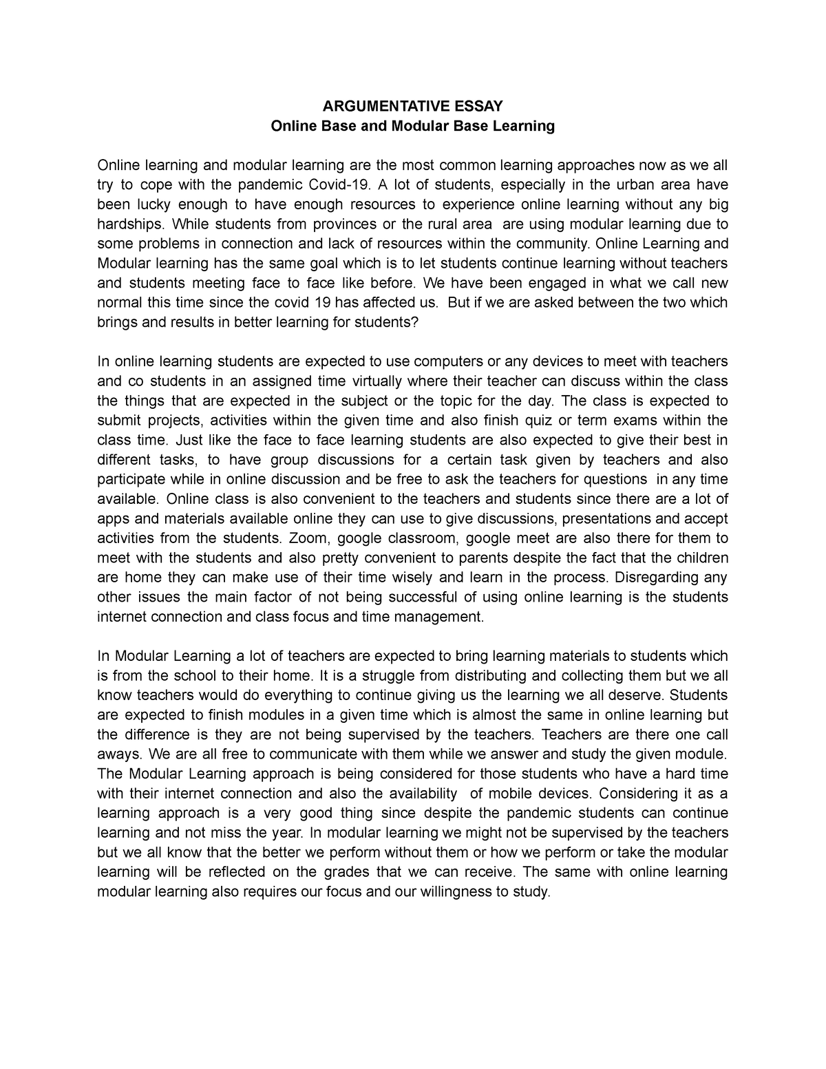 argumentative essay about online learning pdf