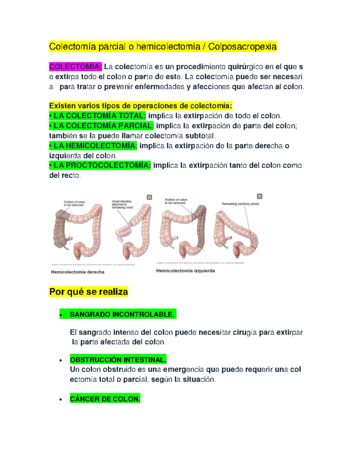 Apunte de QX - Colectomía parcial o hemicolectomia / Colposacropexia ...