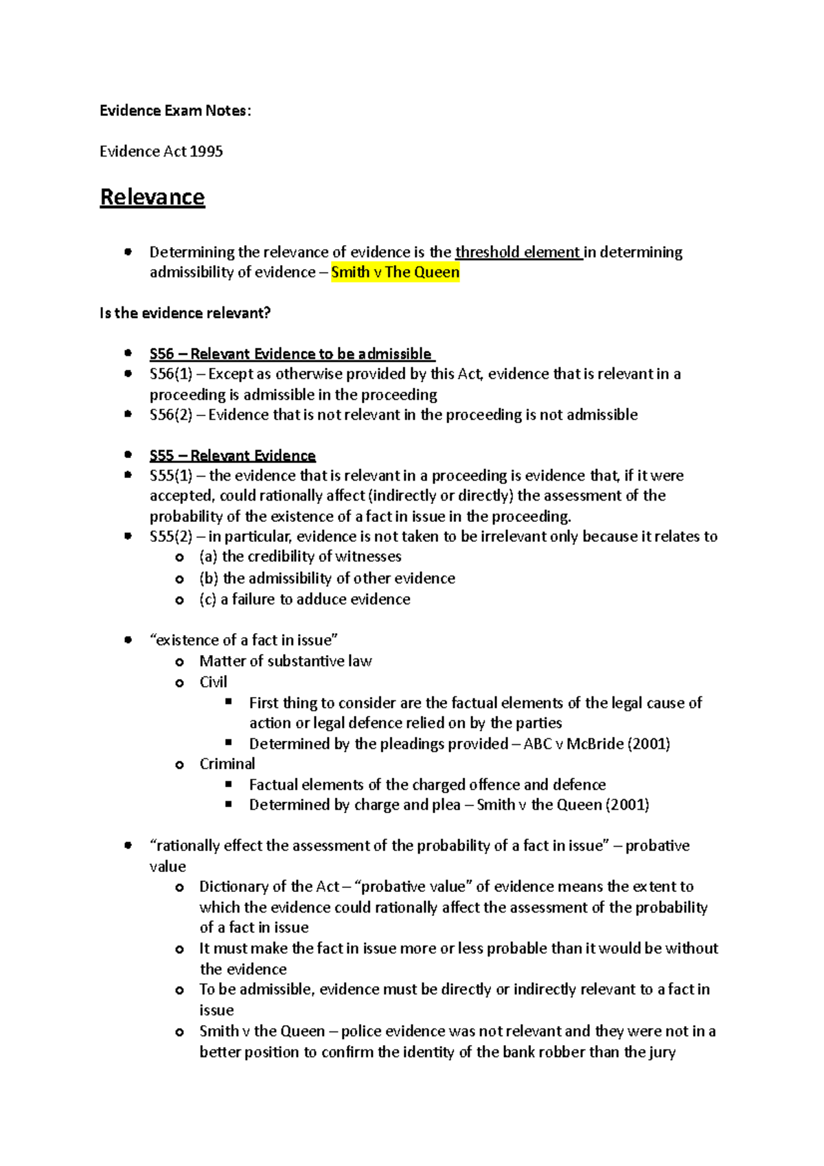 Evidence Exam Notes - Evidence Exam Notes: Evidence Act 1995 Relevance ...