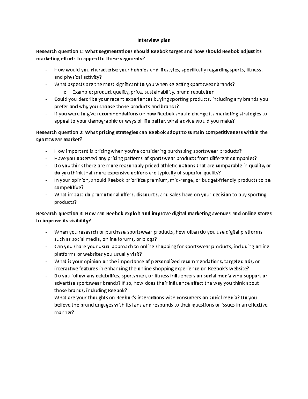 Marketing tutorial 1 Interview plan - Interview plan Research question ...