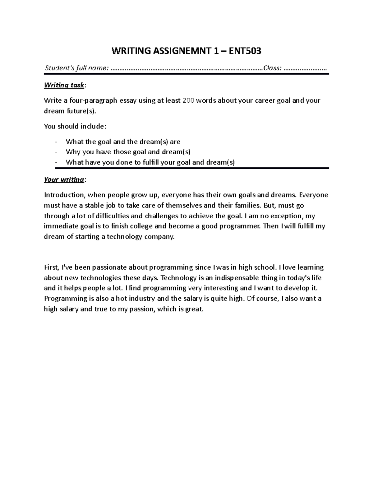 Writing Assignemnt 1 - aaaa - WRITING ASSIGNEMNT 1 – ENT Student’s full ...