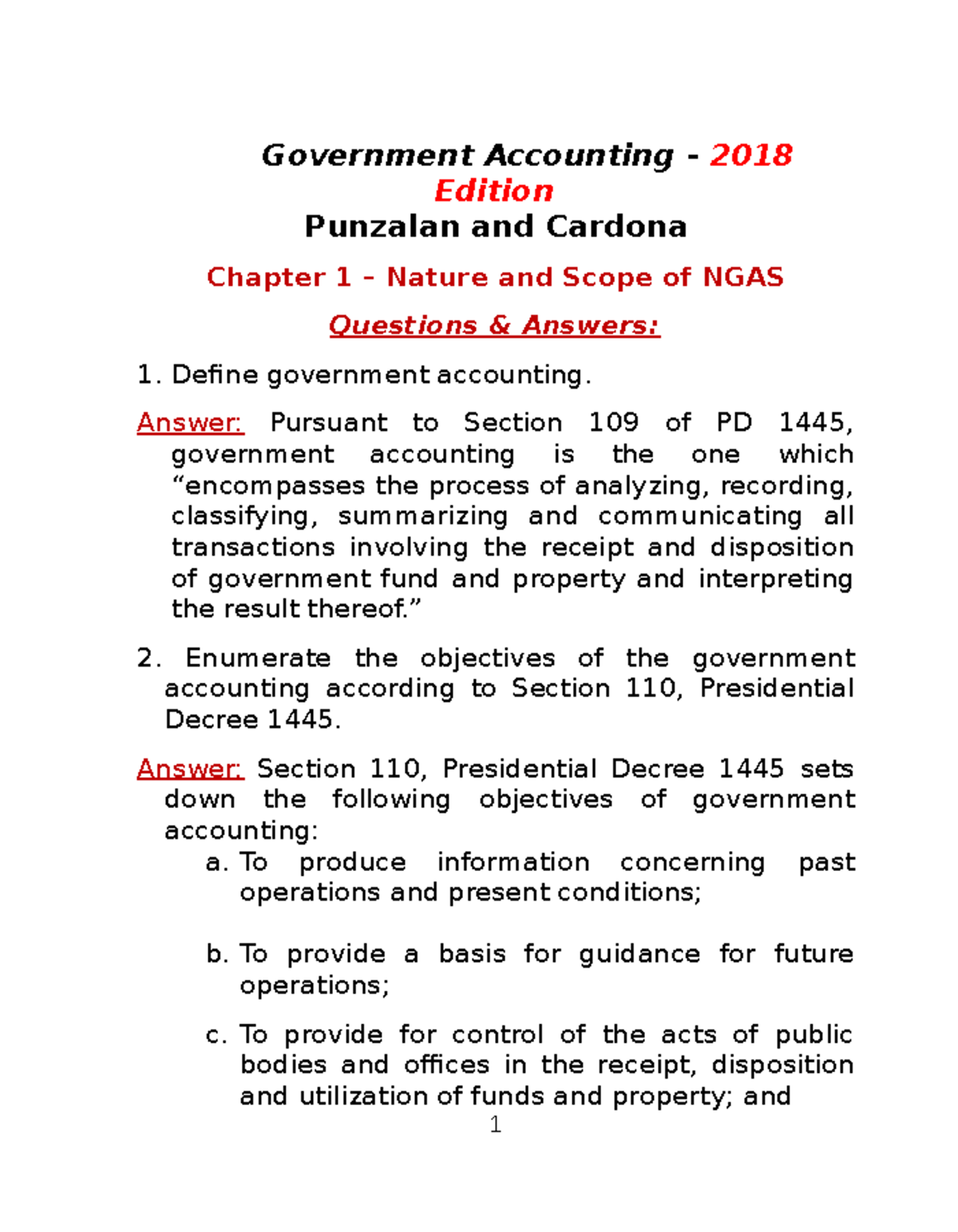 Government Accounting Answer Pursuant to Section 109 of PD 1445