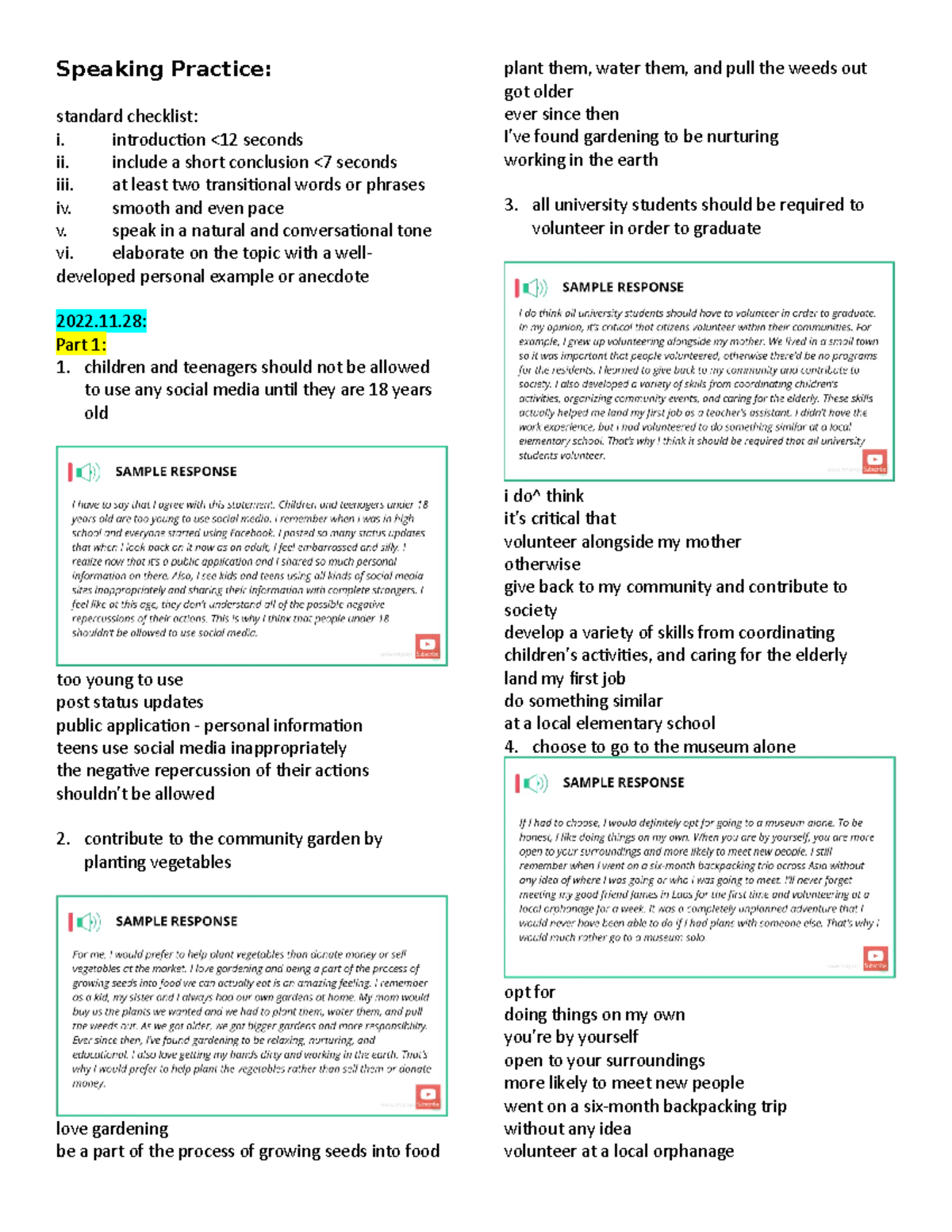 Speaking Practice - Speaking Practice: standard checklist: i. introduction