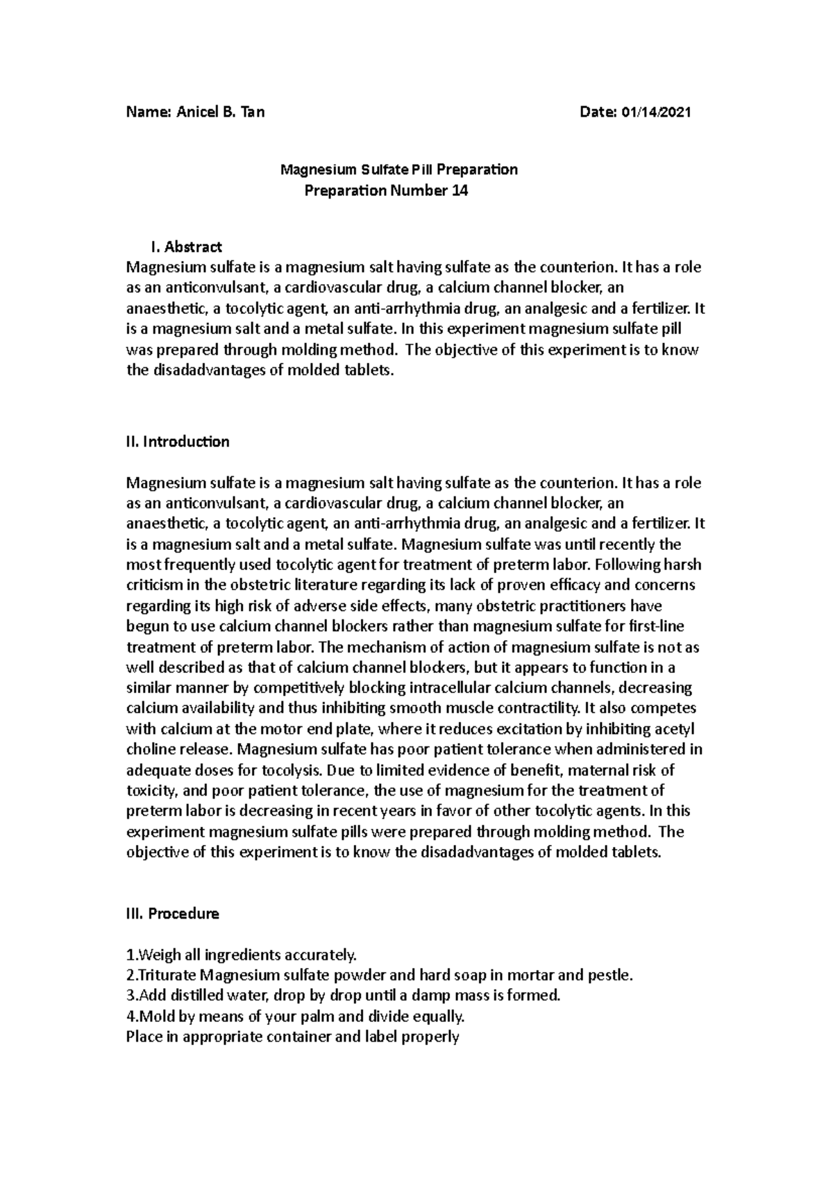 Magnesium Sulfate Pill - semi journal - Name: Anicel B. Tan Date: 01/14 ...