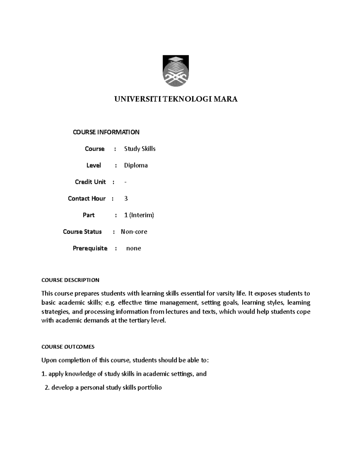 Assignment goals - UNIVERSITI TEKNOLOGI MARA COURSE INFORMATION Course ...