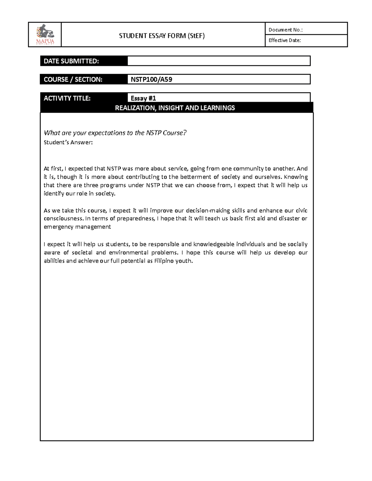Form - NSTP100 Essay #1 - STUDENT ESSAY FORM (StEF) Document No ...