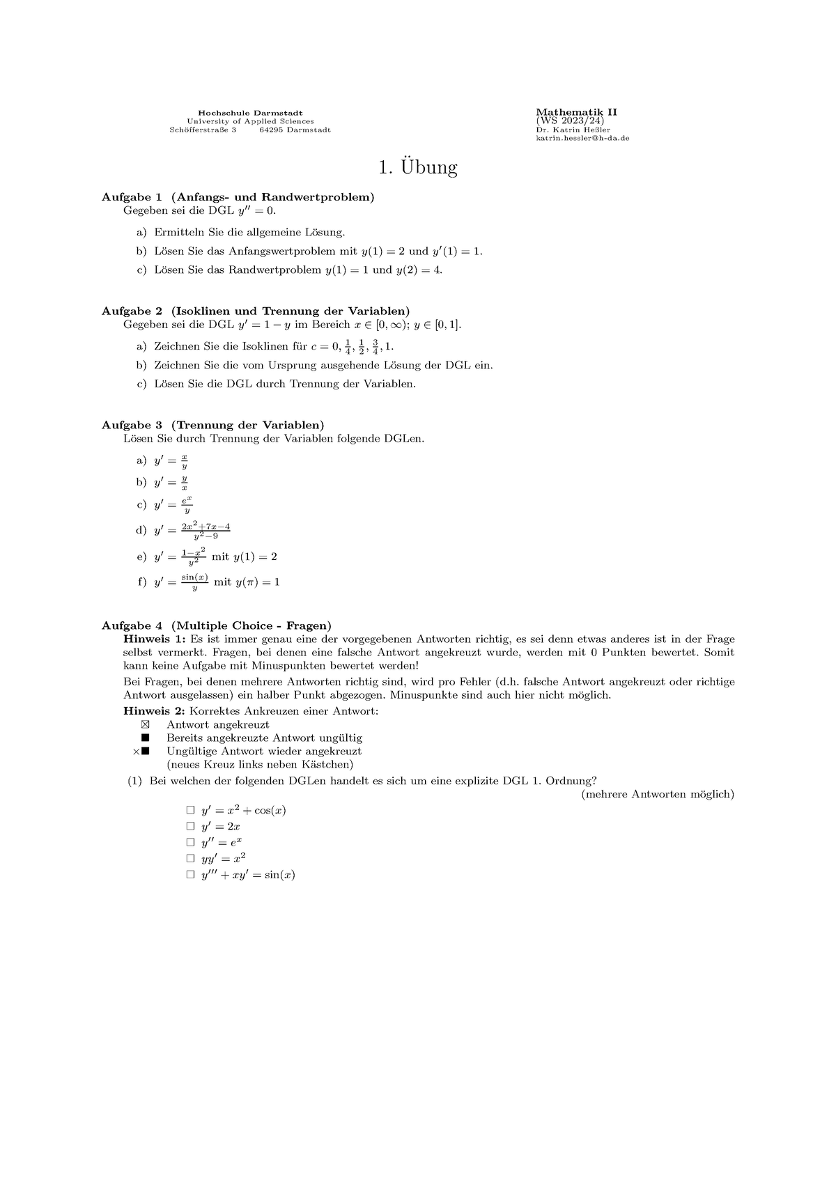 01 Uebung - Mathe 2 Ubungen - Hochschule Darmstadt University Of ...