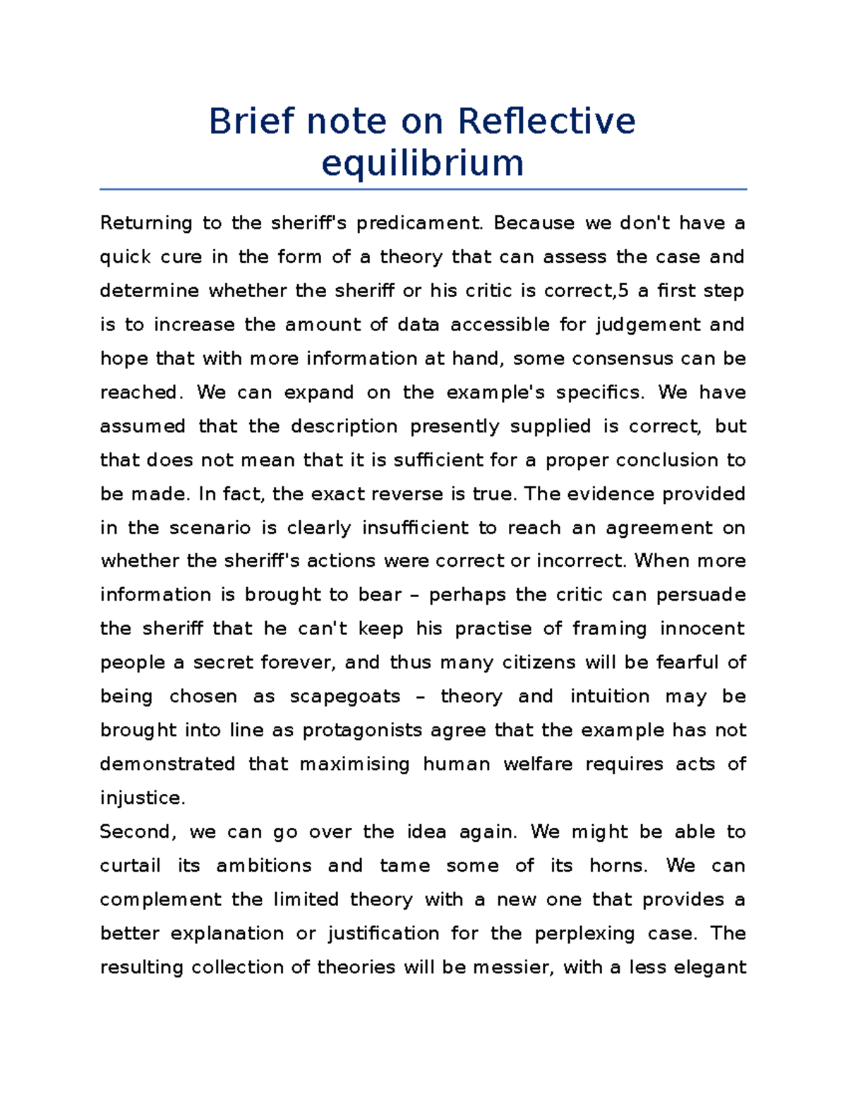 Brief Note On Reflective Equilibrium Brief Note On Reflective