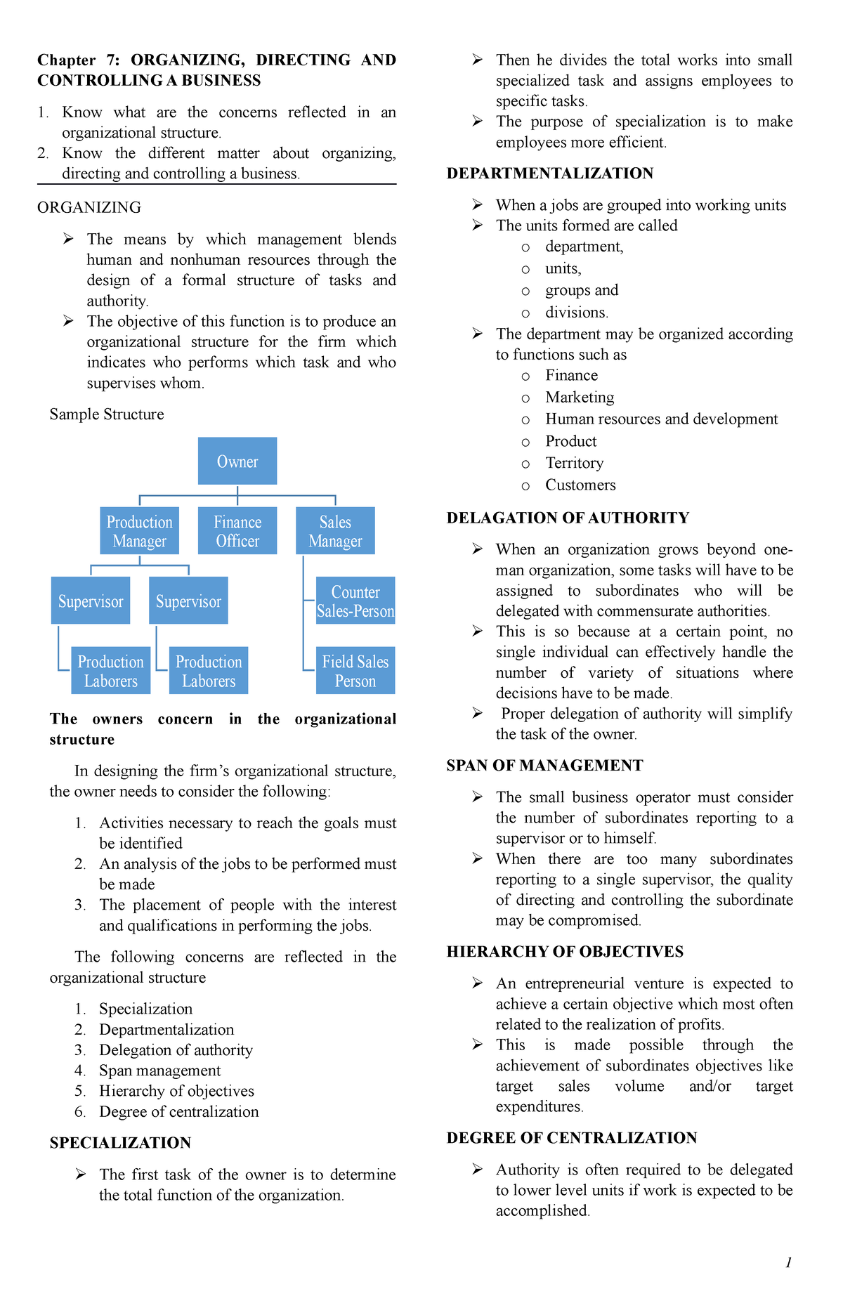 assignment of duties in organizing