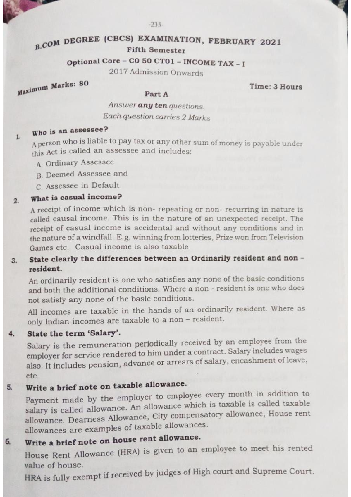 BCom Income Tax Sem 5 Model - Income tax- optional course - Studocu