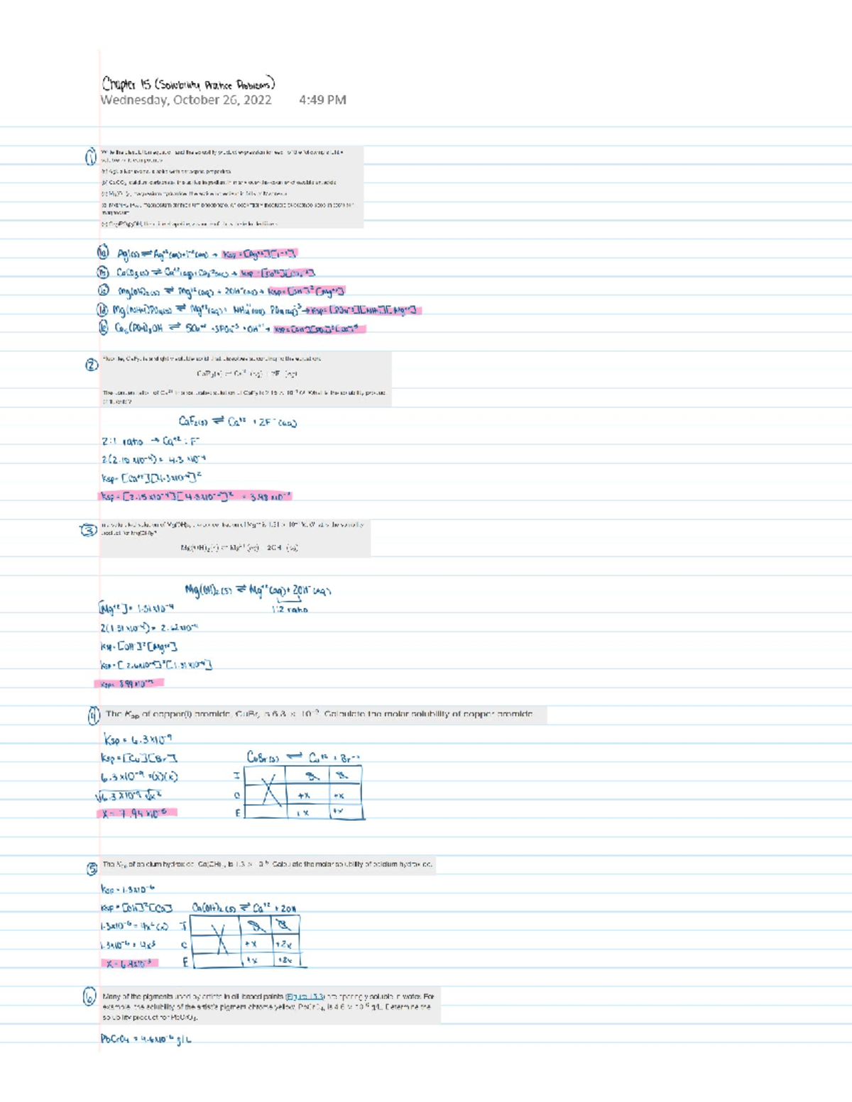 ICE Tables Problems Problem Set, Answers worked out Chem 0120