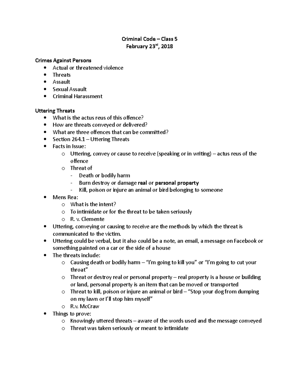 Criminal Code – Class 5 - Criminal Code Class 5 February 23rd, 2018 ...