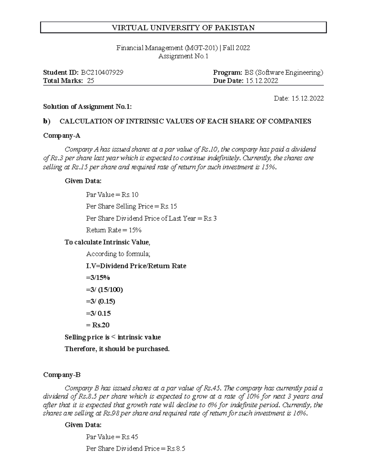 Solution Of Ass-I, Fall 2022 MGT-201 - Financial Management (MGT-201 ...