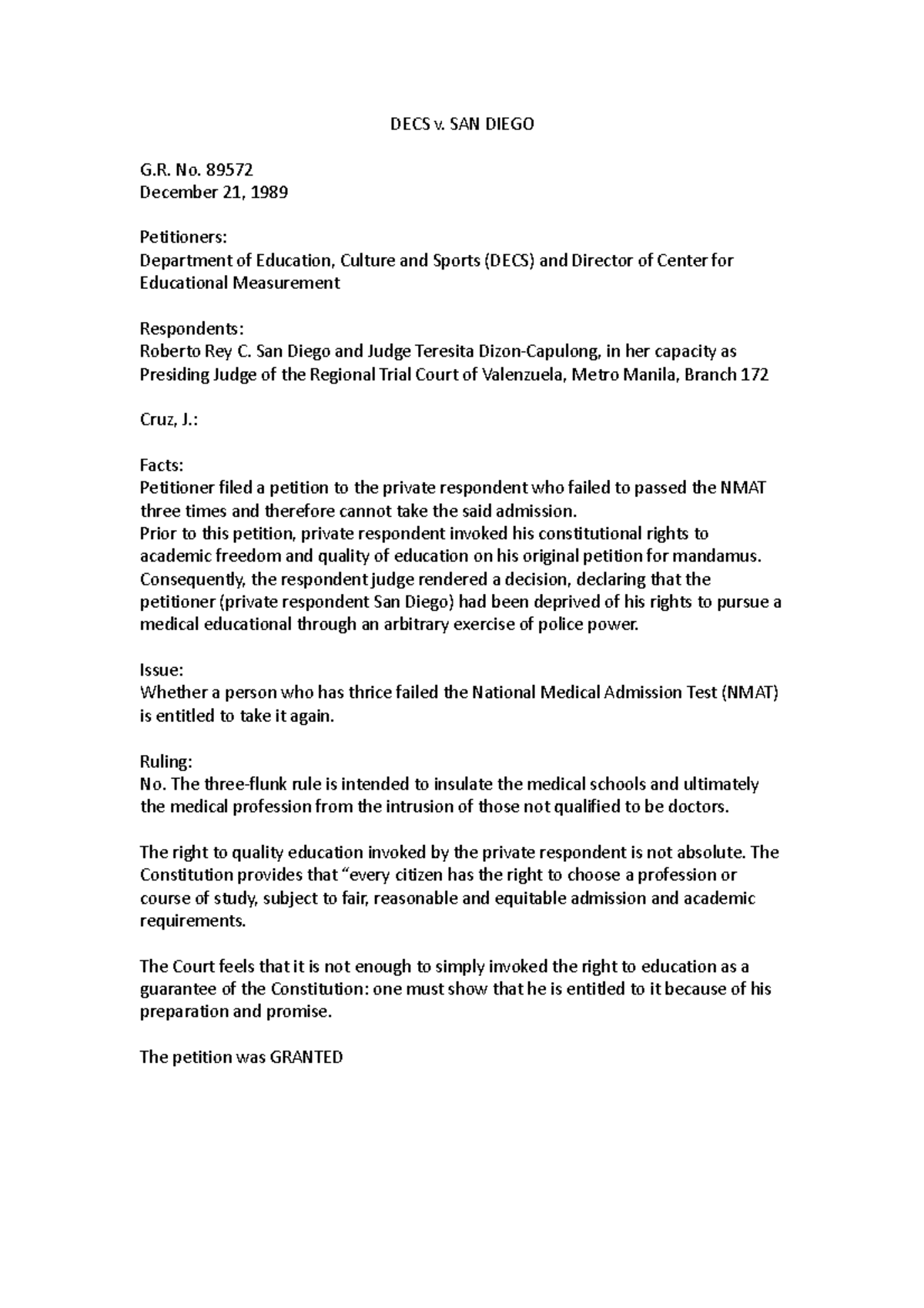DECS v San Diego Case Digest DECS v. SAN DIEGO G. No. 89572