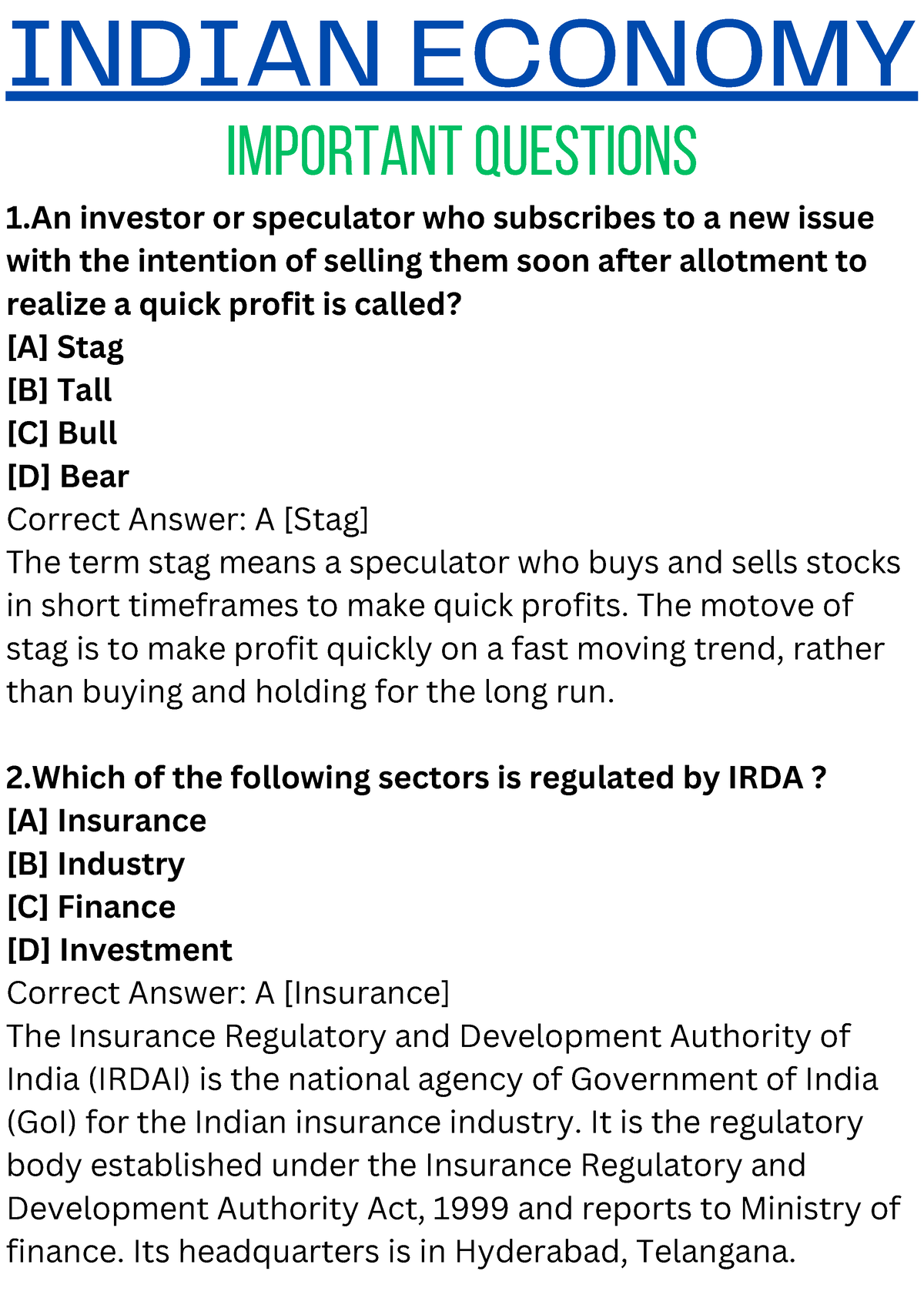 Indian Economy 3 - INDIAN ECONOMY IMPORTANT QUESTIONS 1 Investor Or ...