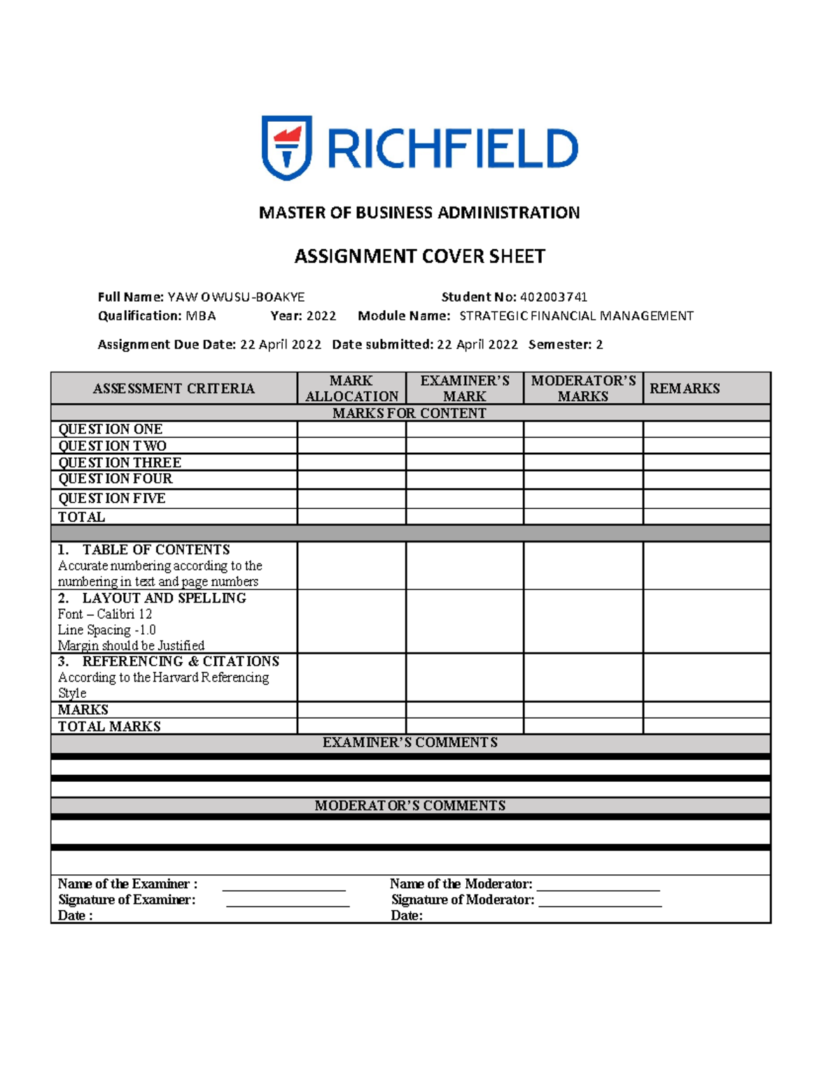 Assignment 1 individual assignment - MASTER OF BUSINESS ADMINISTRATION ...