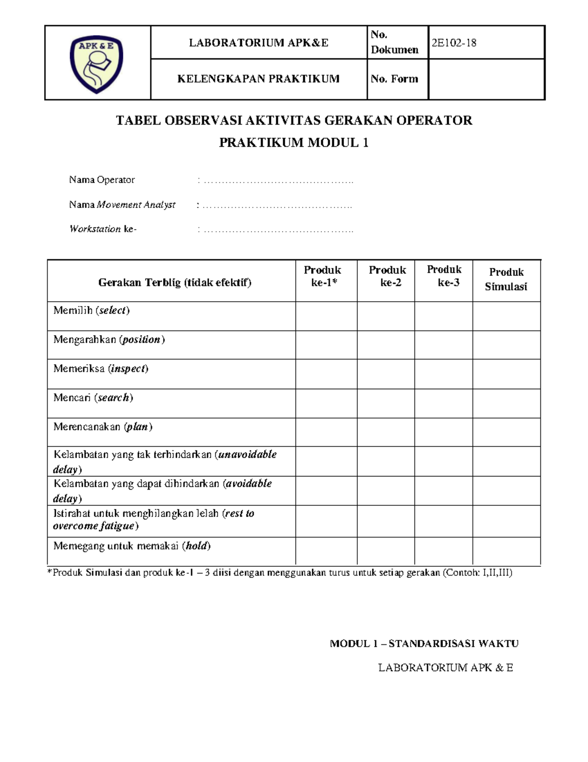 Tabel Kelengkapan Modul 1 - Standardisasi Waktu - LABORATORIUM APK&E ...