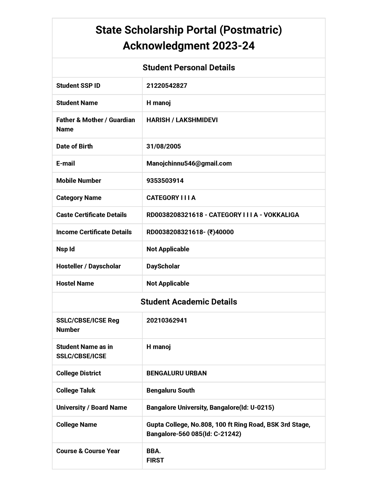 State Scholarship Portal - FIRST Course Discipline / Branch B.B ...