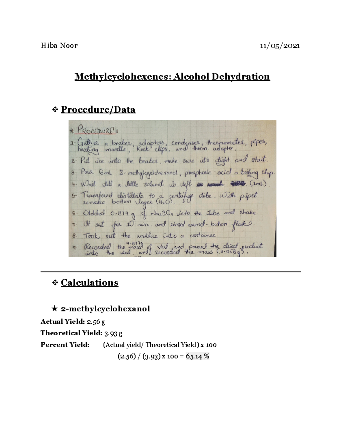 Methylcyclohexenes Alcohol Dehydration lab report CHEM 1102 UH